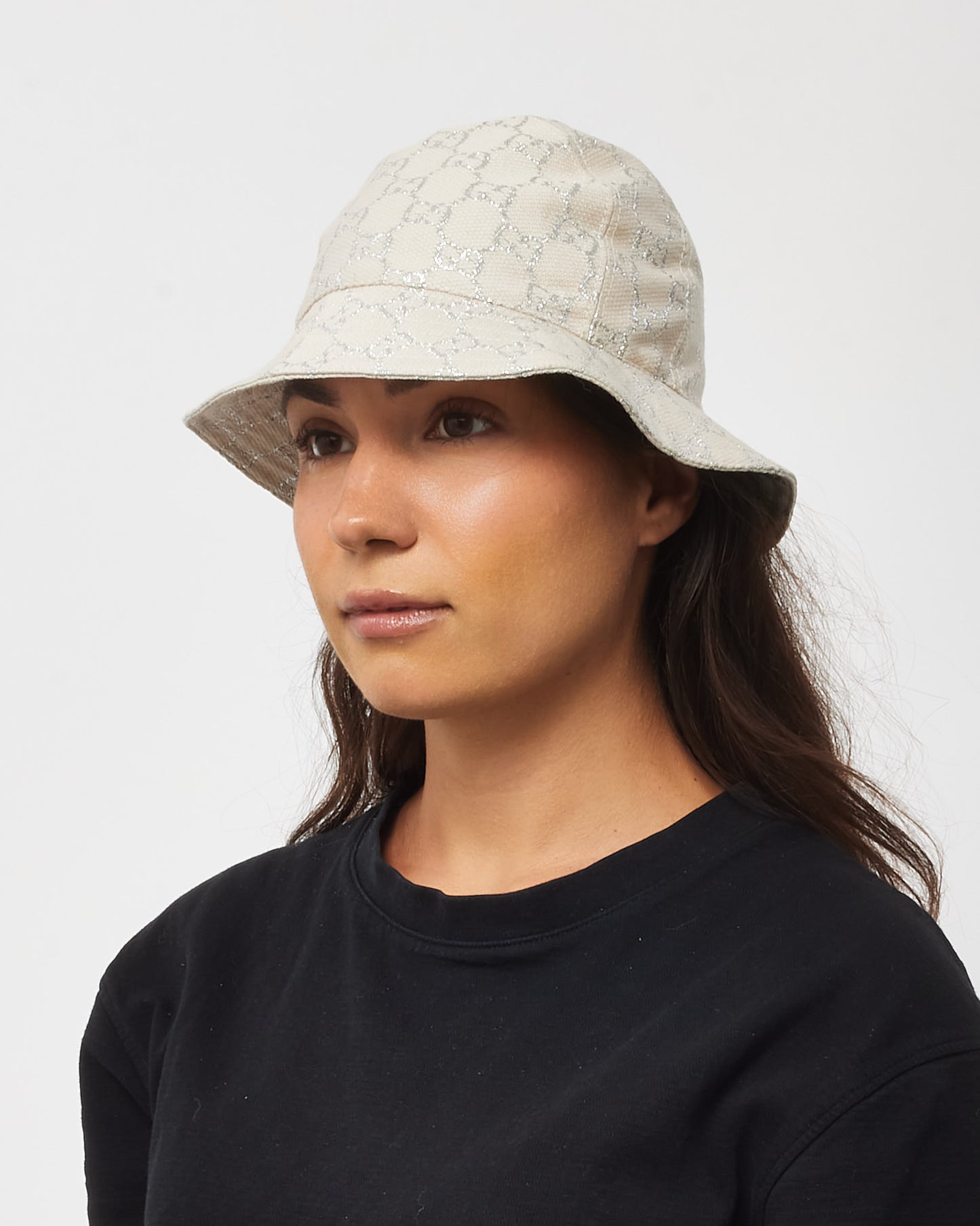 Gucci Neutral Beige Wool Knit Siver Lame GG Monogram Bucket Hat - S