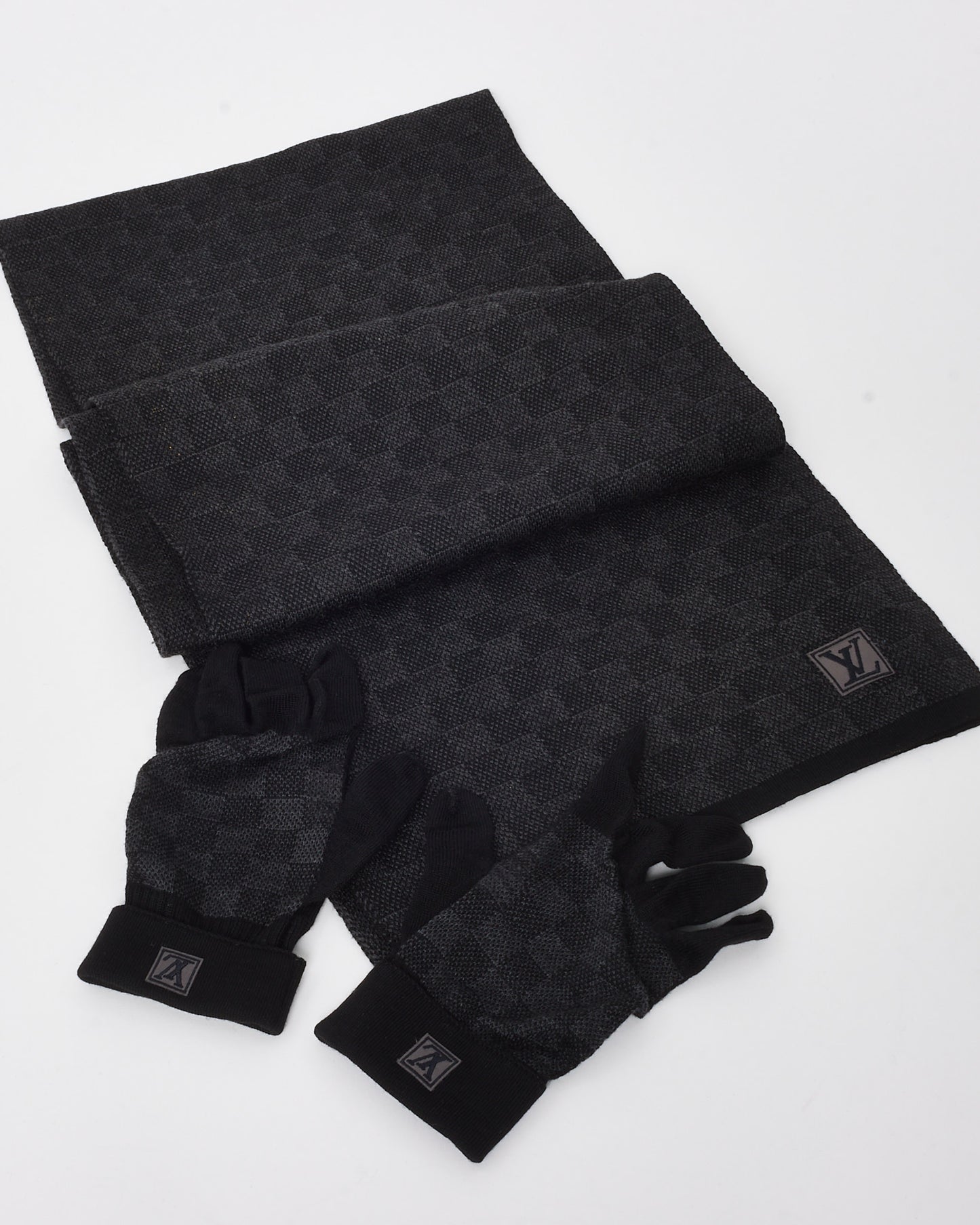 Louis Vuitton Black and Grey Damier Wool Scarf and Gloves Set