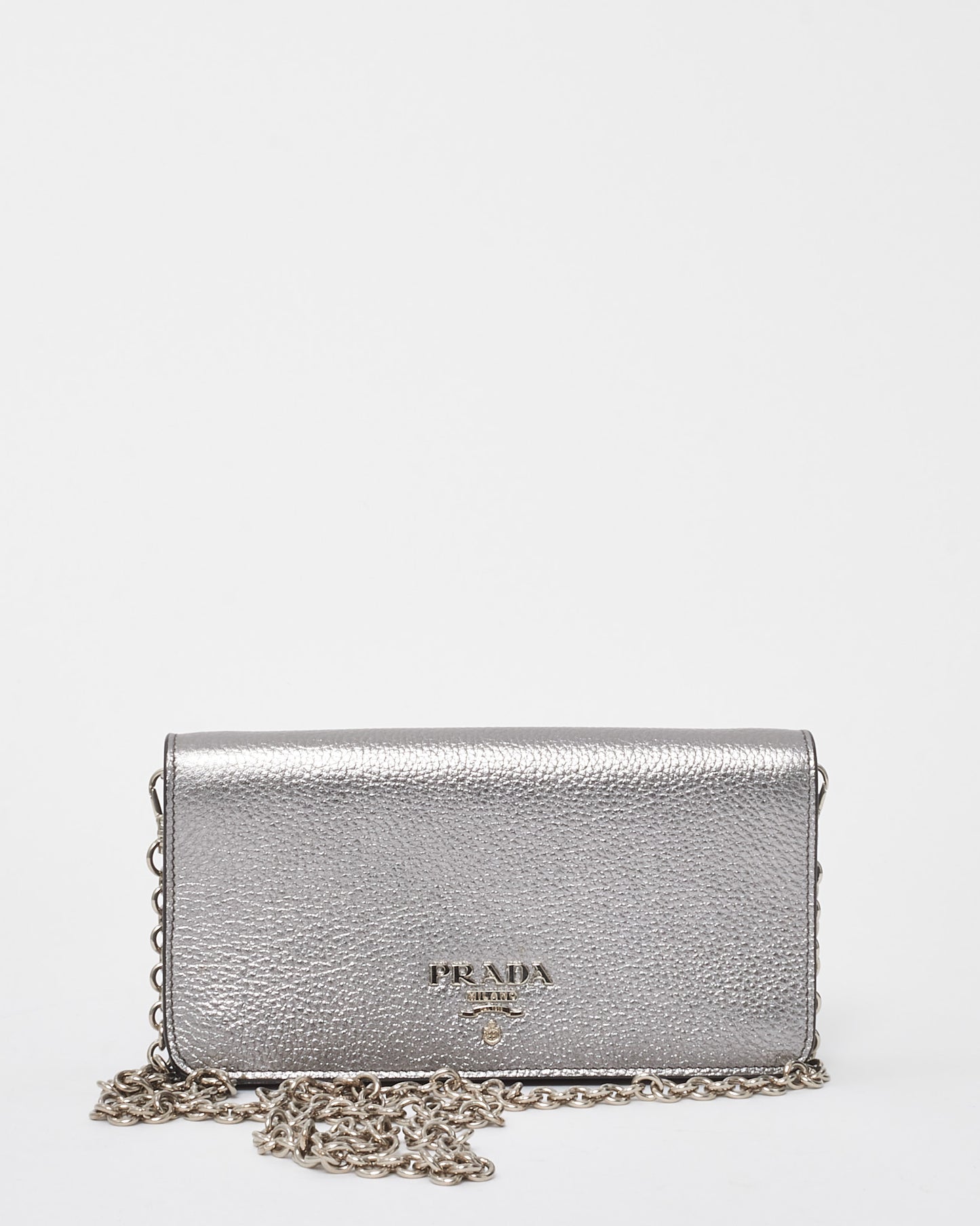 Prada Silver Vitello Daino Leather Wallet on Chain WOC Crossbody Bag