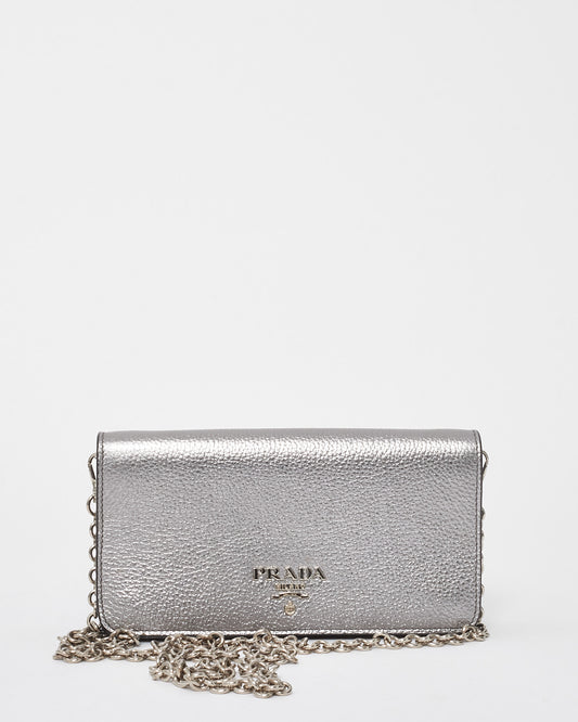 Prada Silver Vitello Daino Leather Wallet on Chain WOC Crossbody Bag