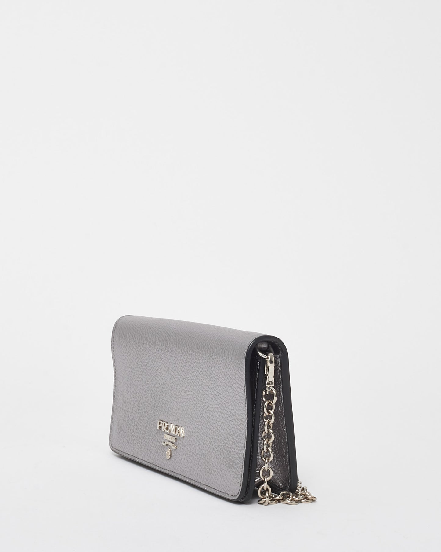 Prada Silver Vitello Daino Leather Wallet on Chain WOC Crossbody Bag