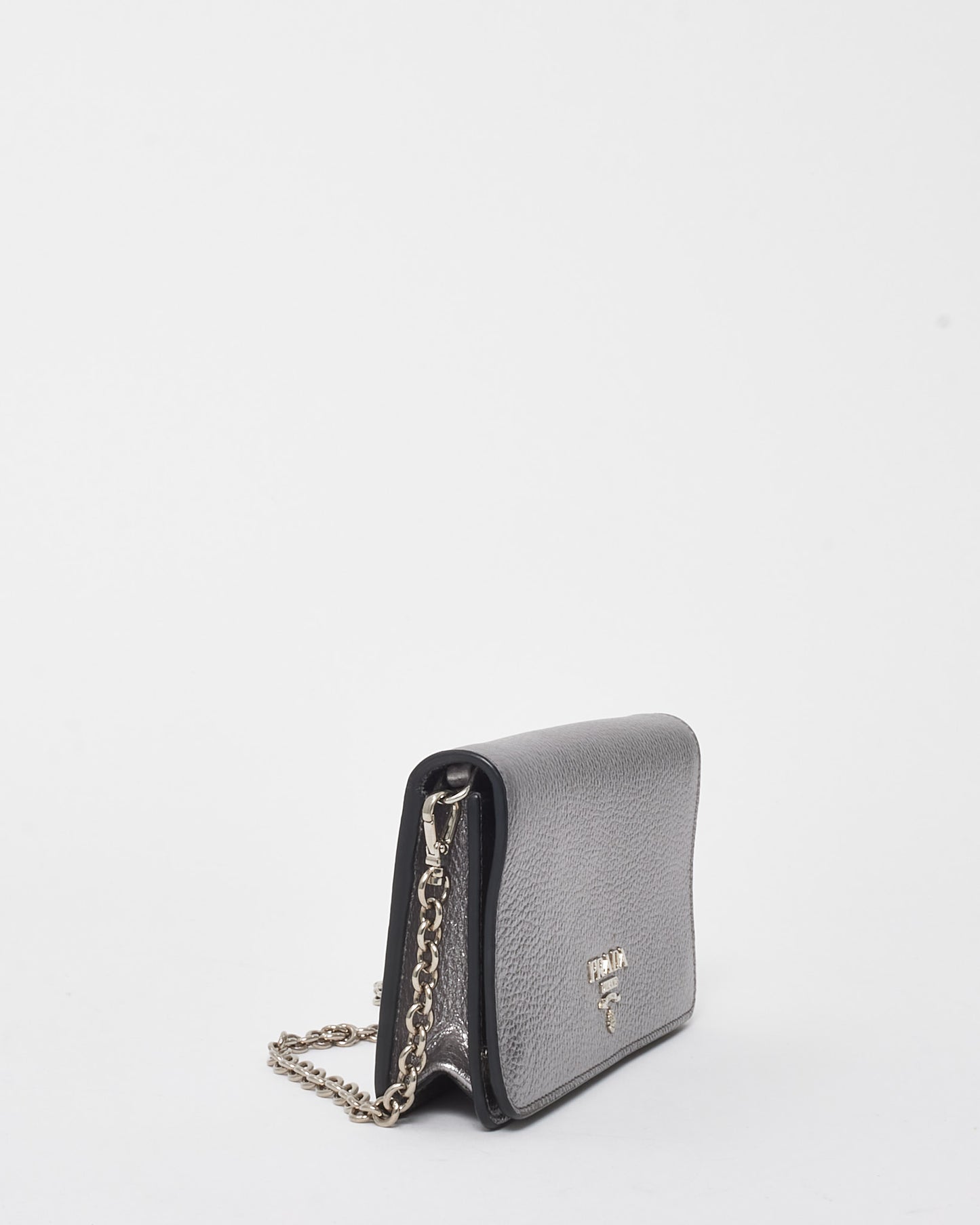 Prada Silver Vitello Daino Leather Wallet on Chain WOC Crossbody Bag