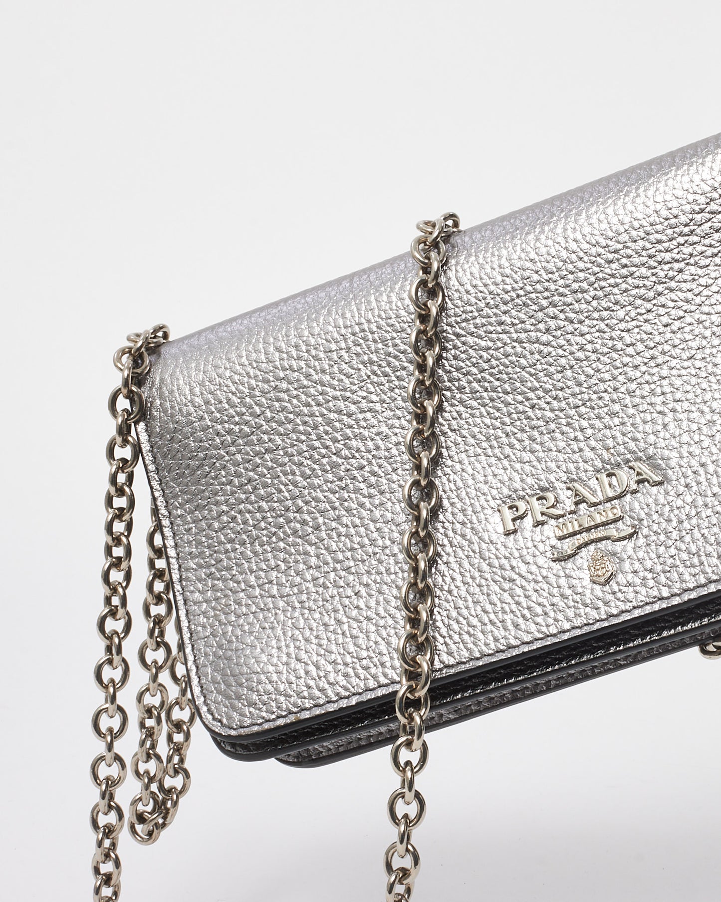 Prada Silver Vitello Daino Leather Wallet on Chain WOC Crossbody Bag