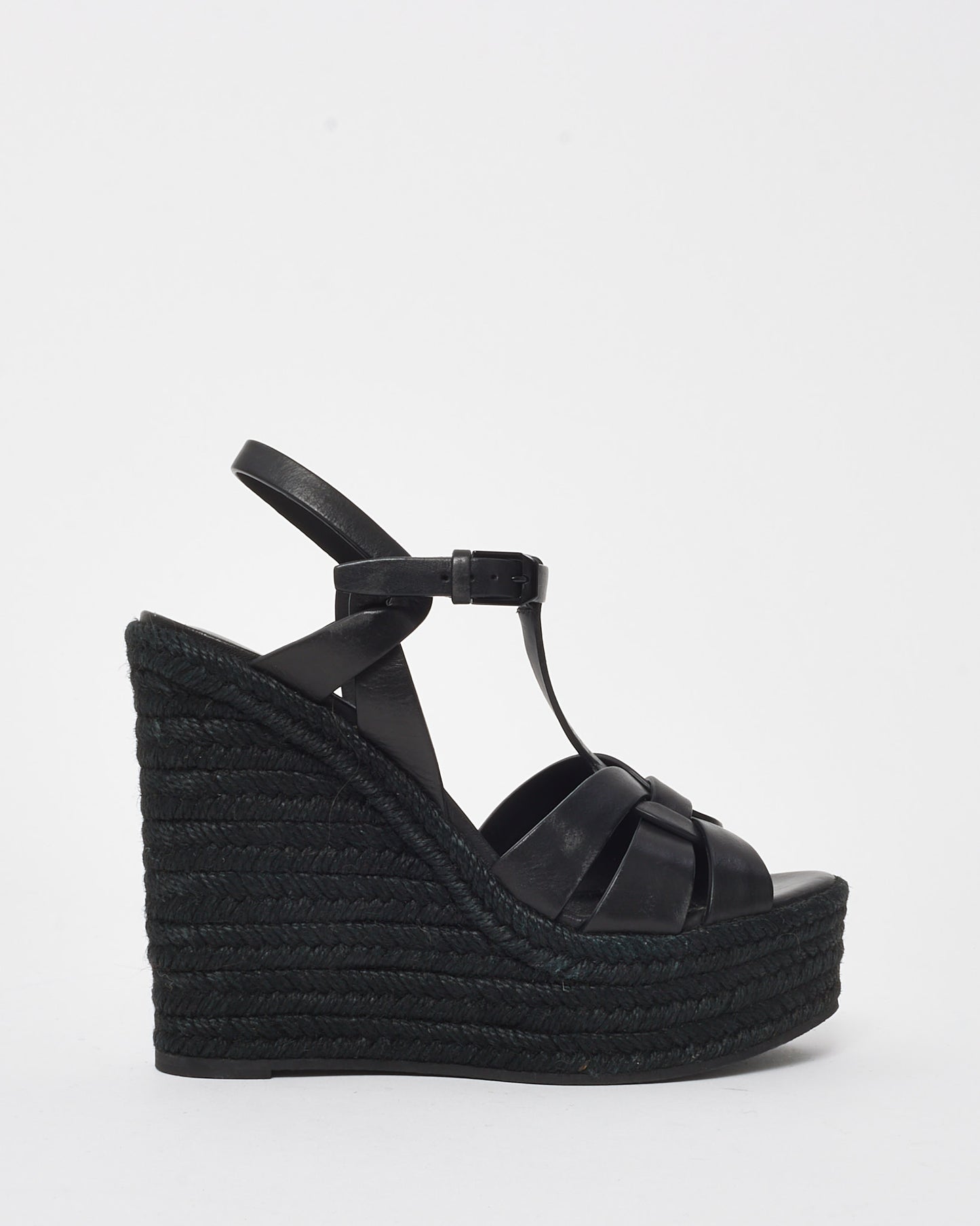Saint Laurent Black Leather Tribute Espadrille Wedges - 37