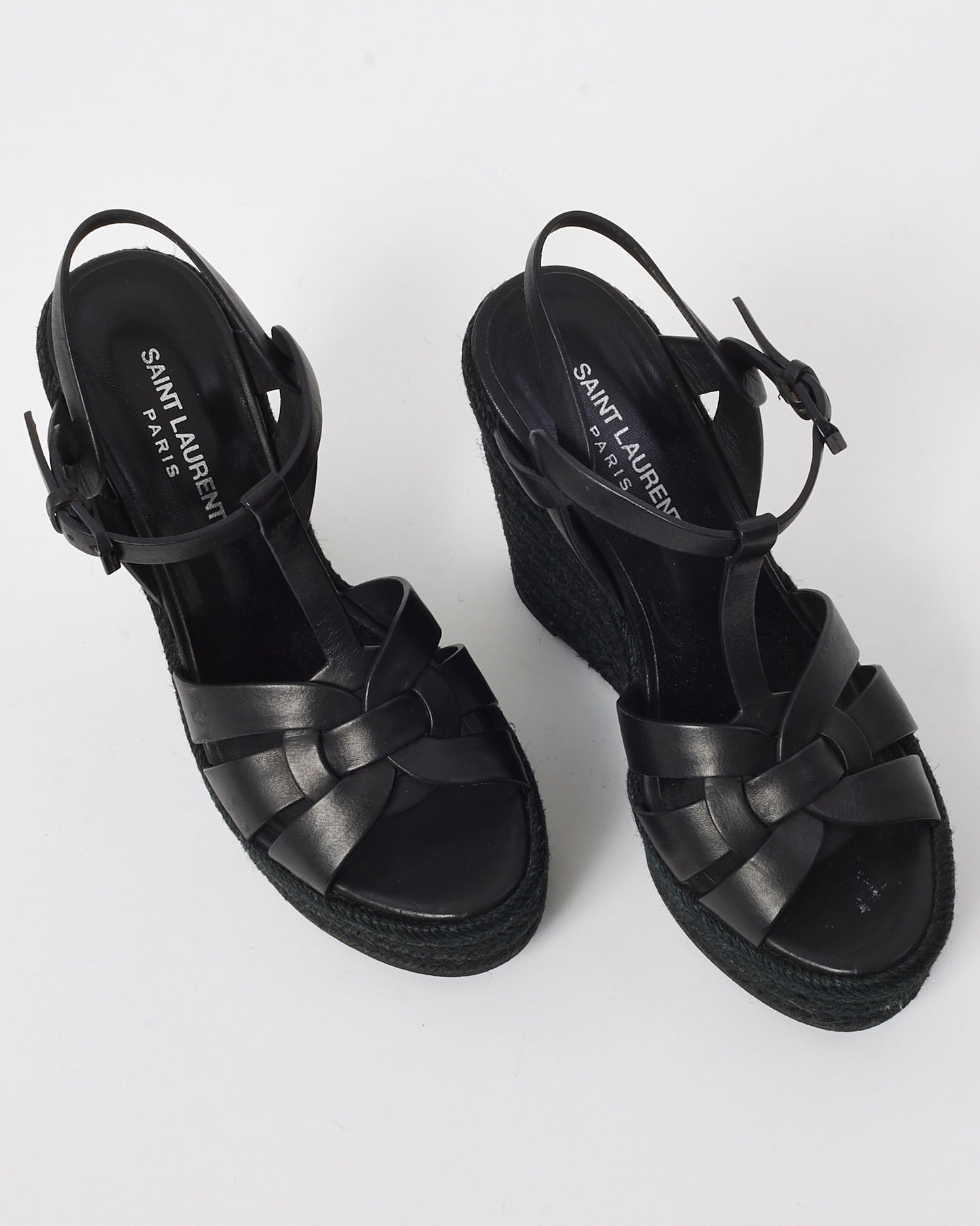 Saint Laurent Black Leather Tribute Espadrille Wedges - 37