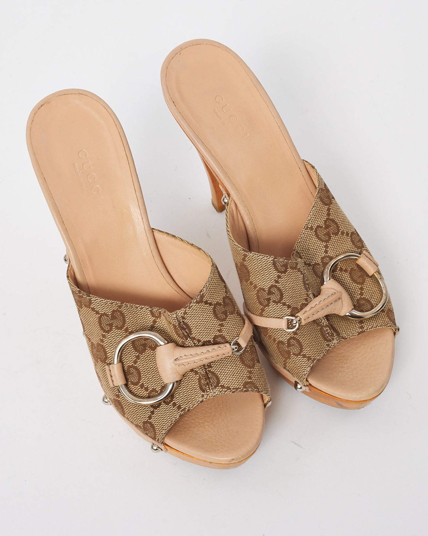 Gucci Beige and Brown Monogram Canvas Horsebit Mule Heels - 36.5