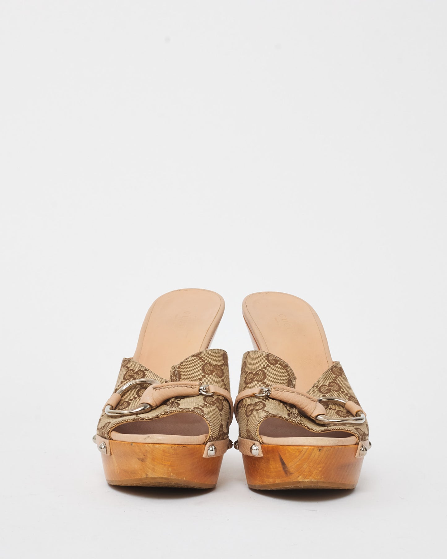 Gucci Beige and Brown Monogram Canvas Horsebit Mule Heels - 36.5