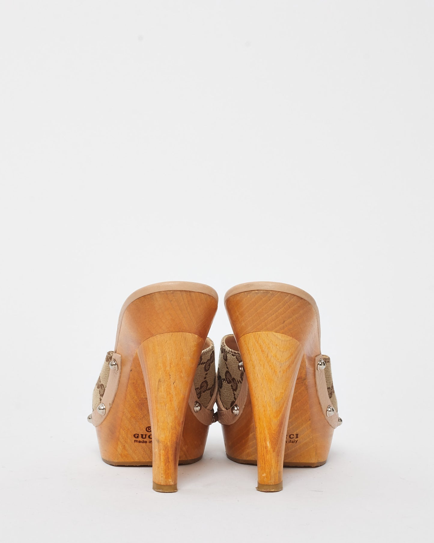 Gucci Beige and Brown Monogram Canvas Horsebit Mule Heels - 36.5