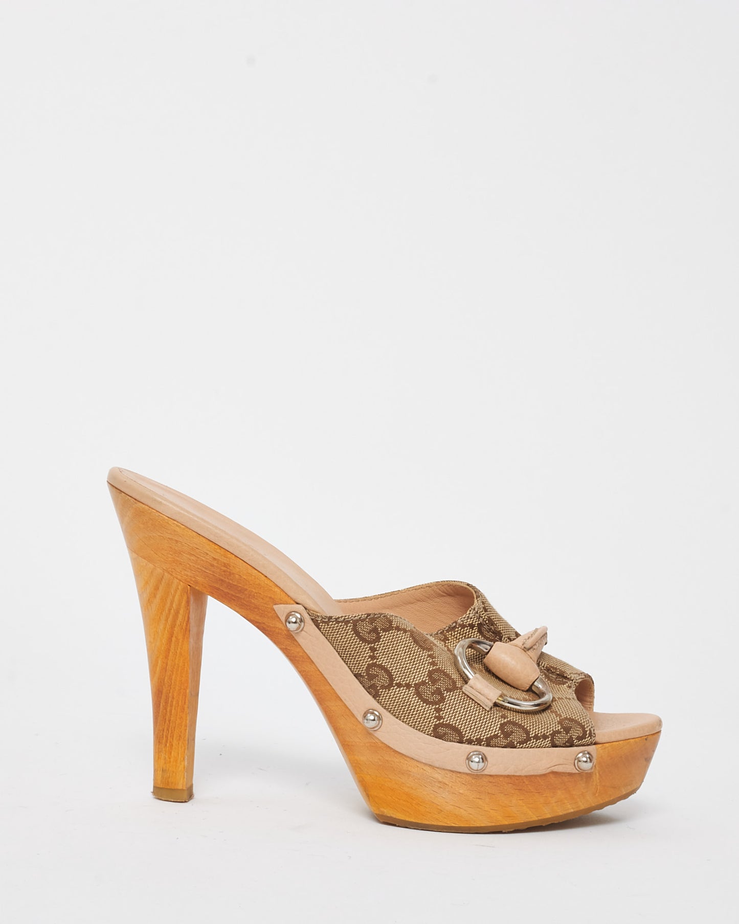 Gucci Beige and Brown Monogram Canvas Horsebit Mule Heels - 36.5