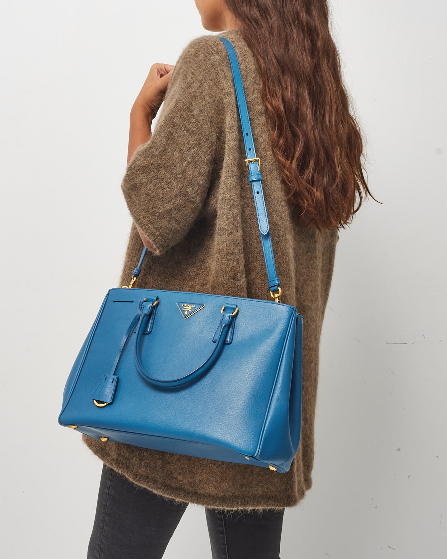Prada Blue Saffiano Leather Medium Galleria Double Zip Tote