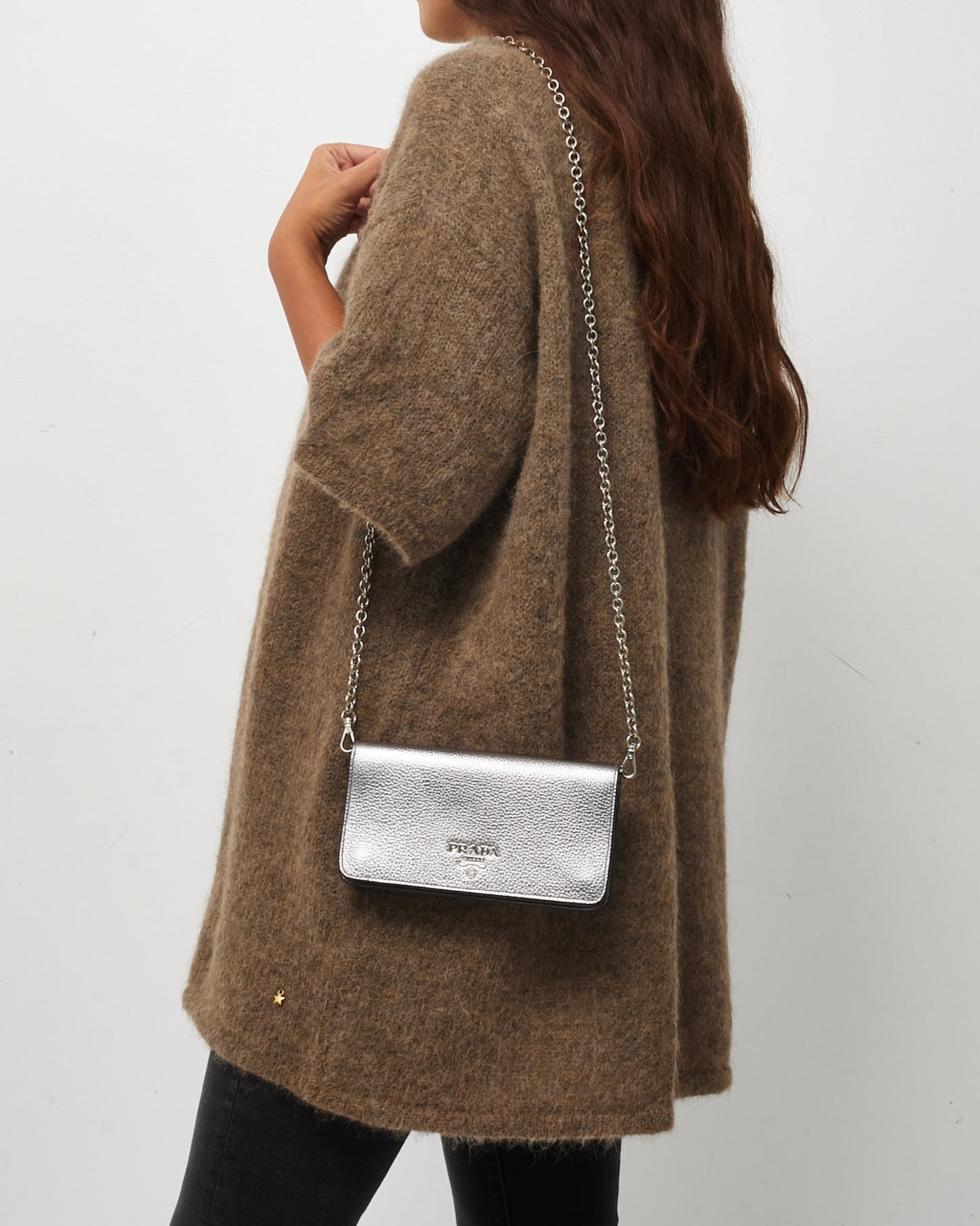 Prada Silver Vitello Daino Leather Wallet on Chain WOC Crossbody Bag