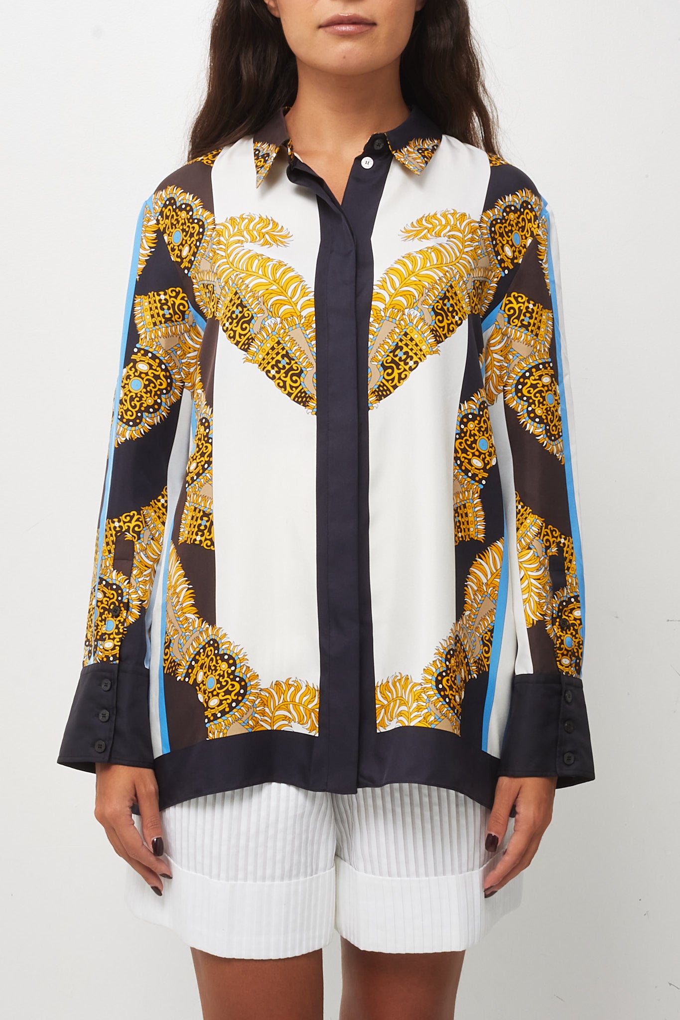 Hermès White/Gold/Blue/Black Multi "Sous L'egide de Mars Reyures" Printed Button Down Shirt - 40