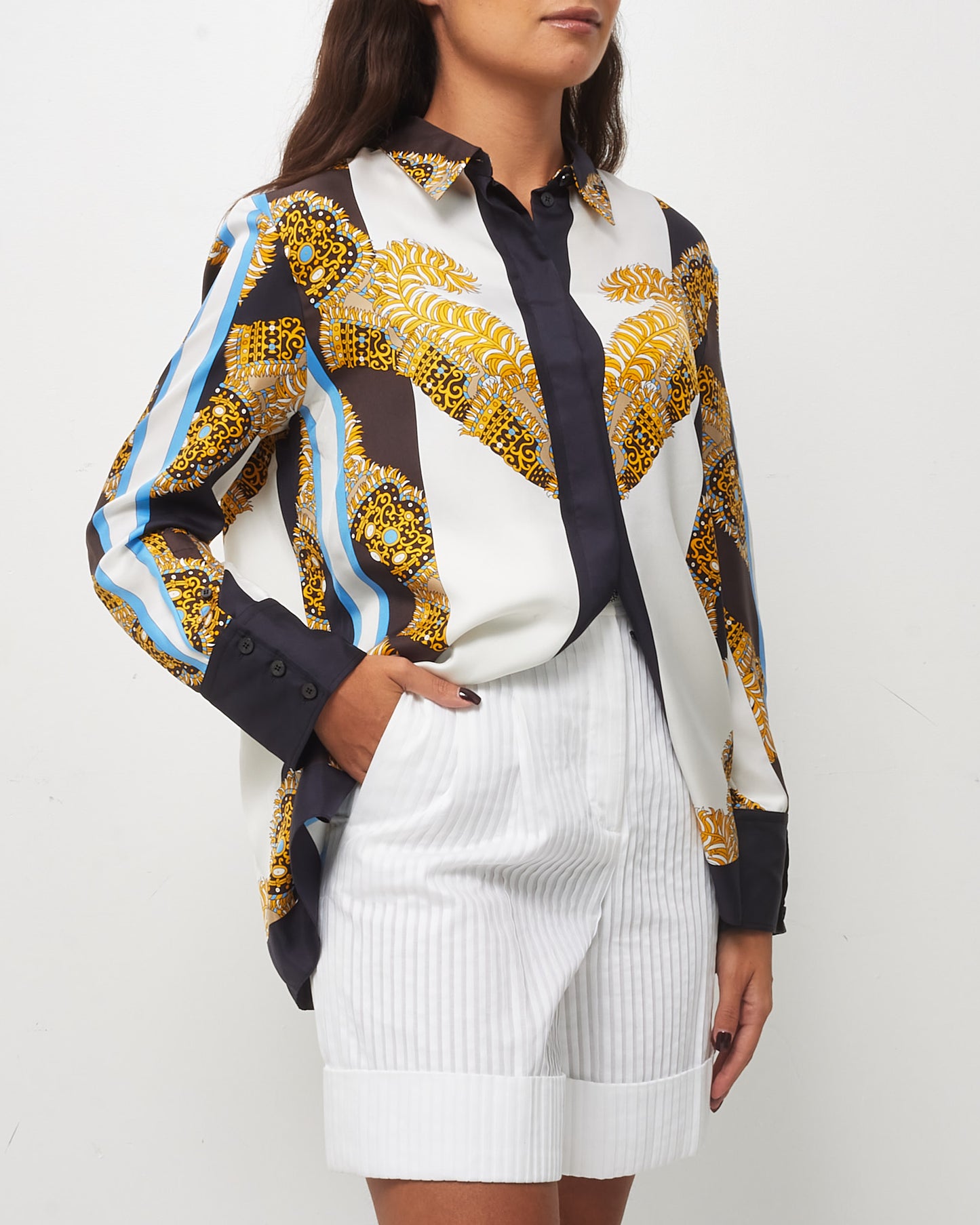 Hermès White/Gold/Blue/Black Multi "Sous L'egide de Mars Reyures" Printed Button Down Shirt - 40