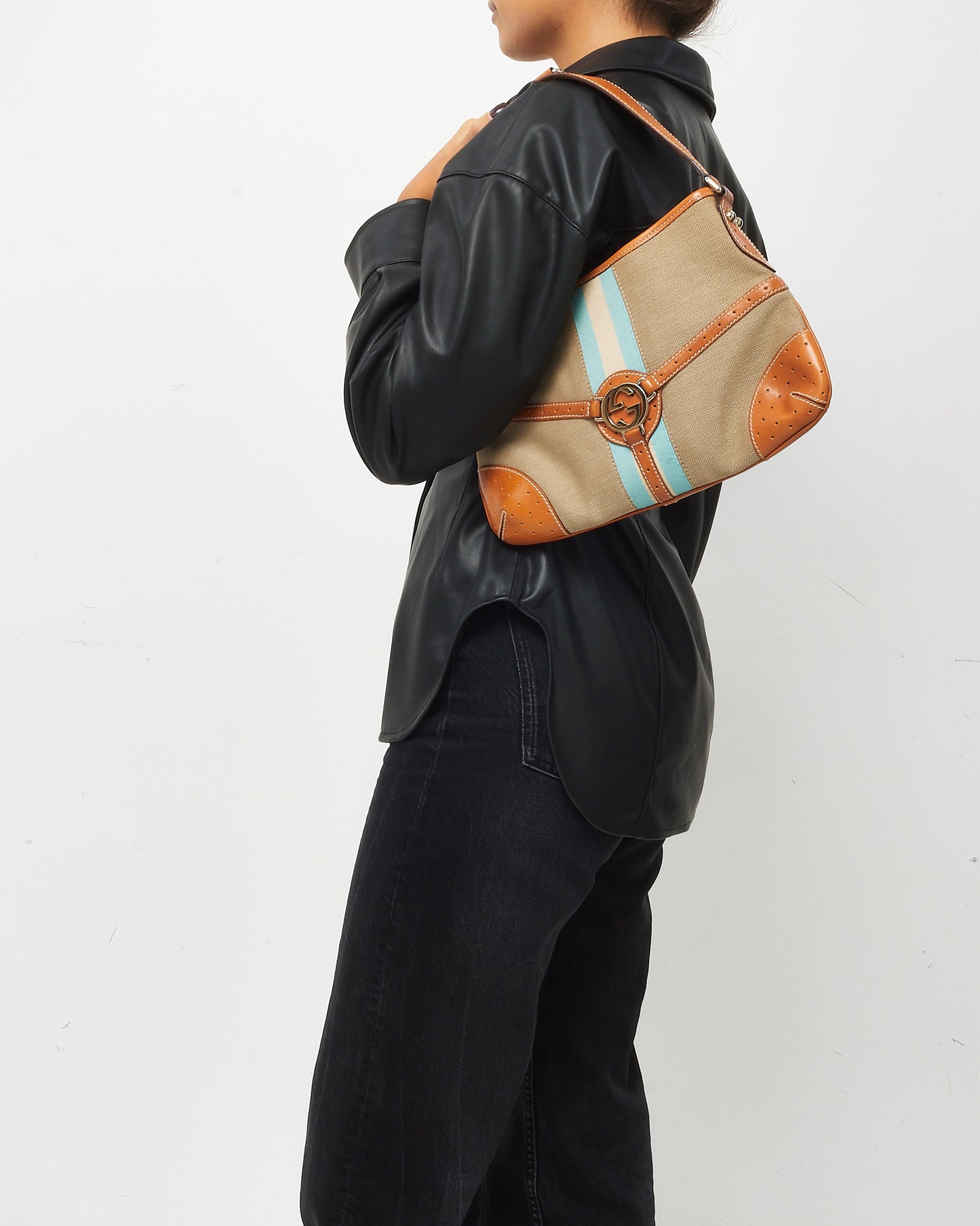 Gucci Beige Canvas Tan Leather Blue Web GG Reins Hobo Shoulder Bag