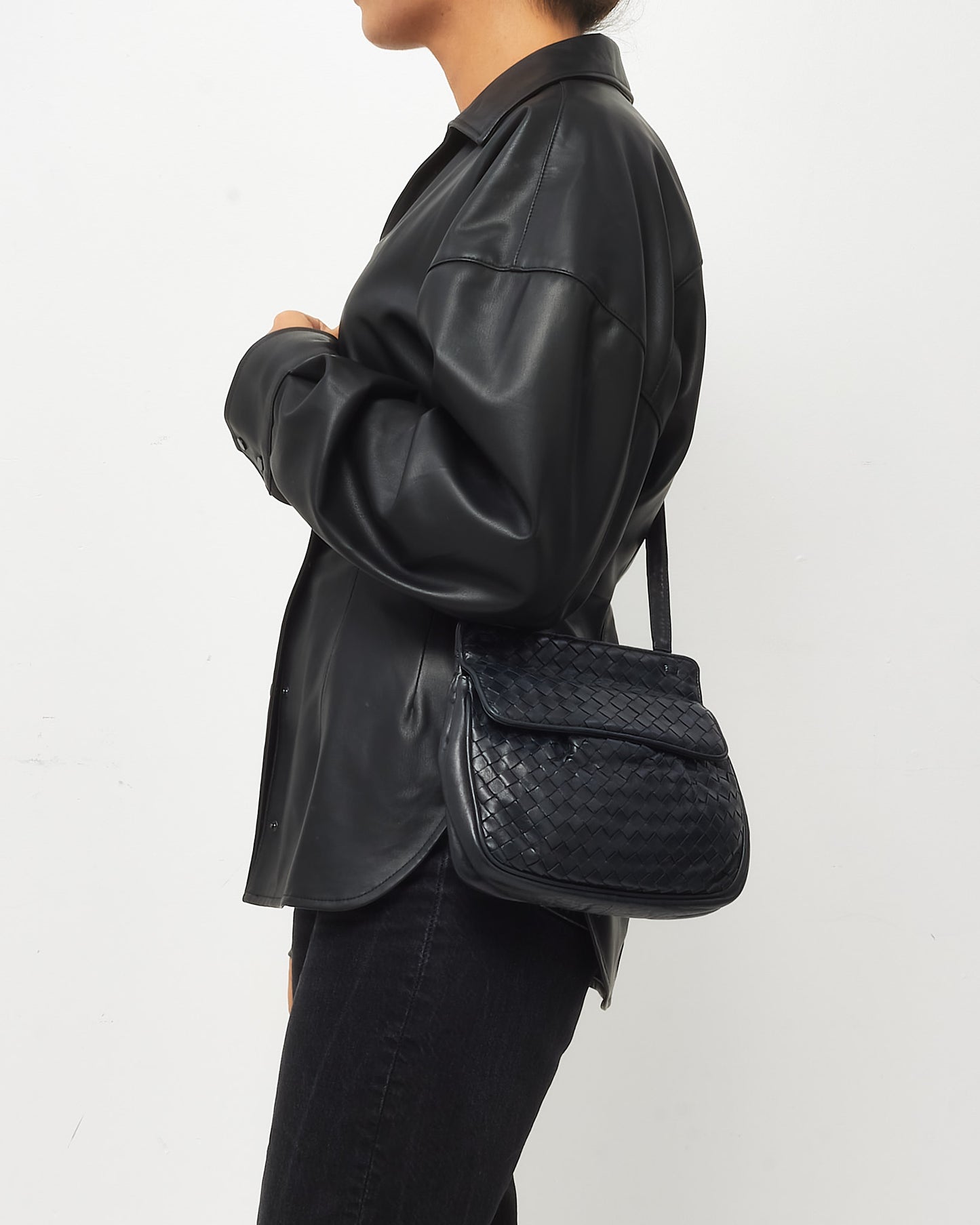 Bottega Veneta Vintage Black Intrecciato Leather Crossbody Bag
