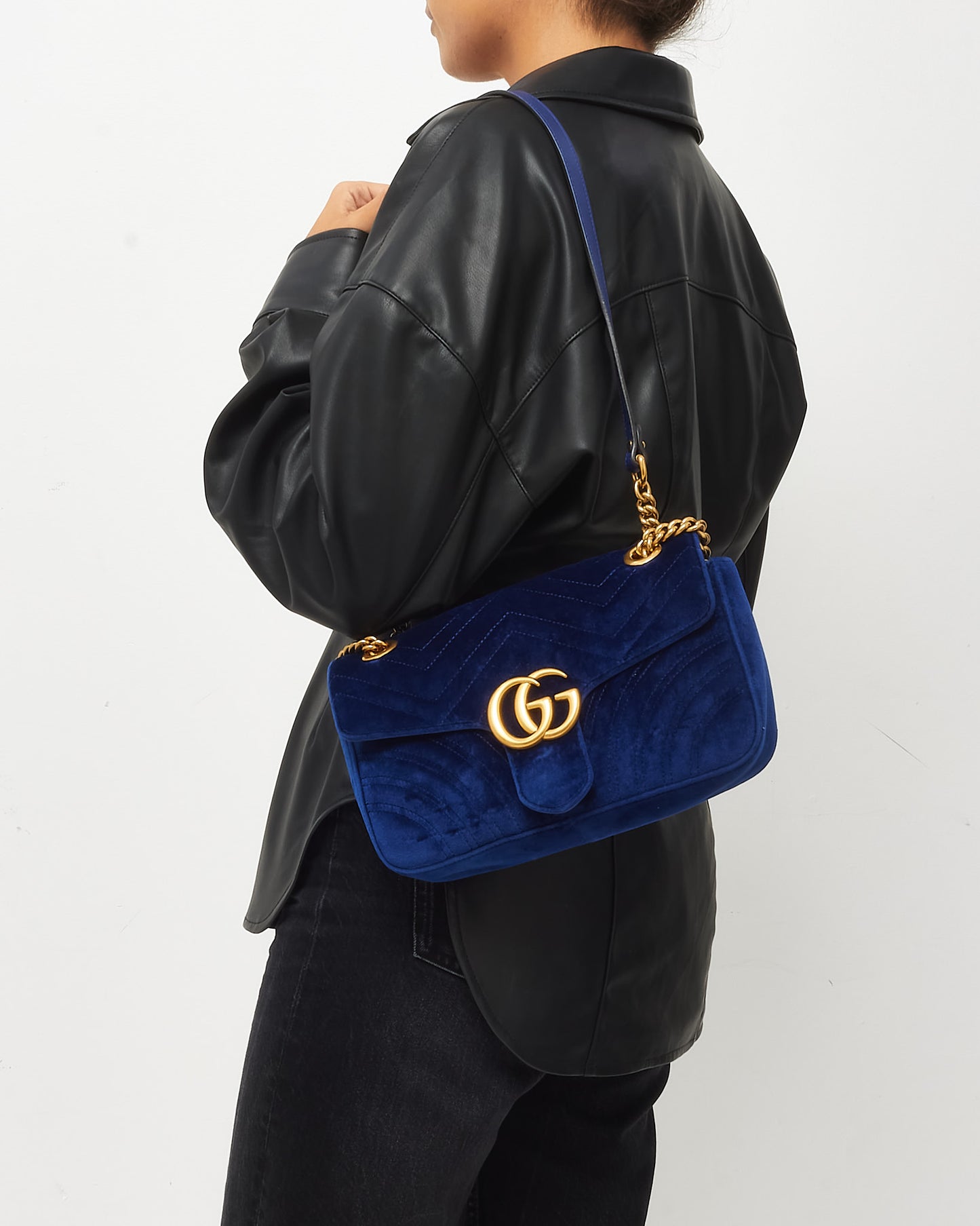 Gucci Blue Matelassé Velvet Small GG Marmont Shoulder Bag