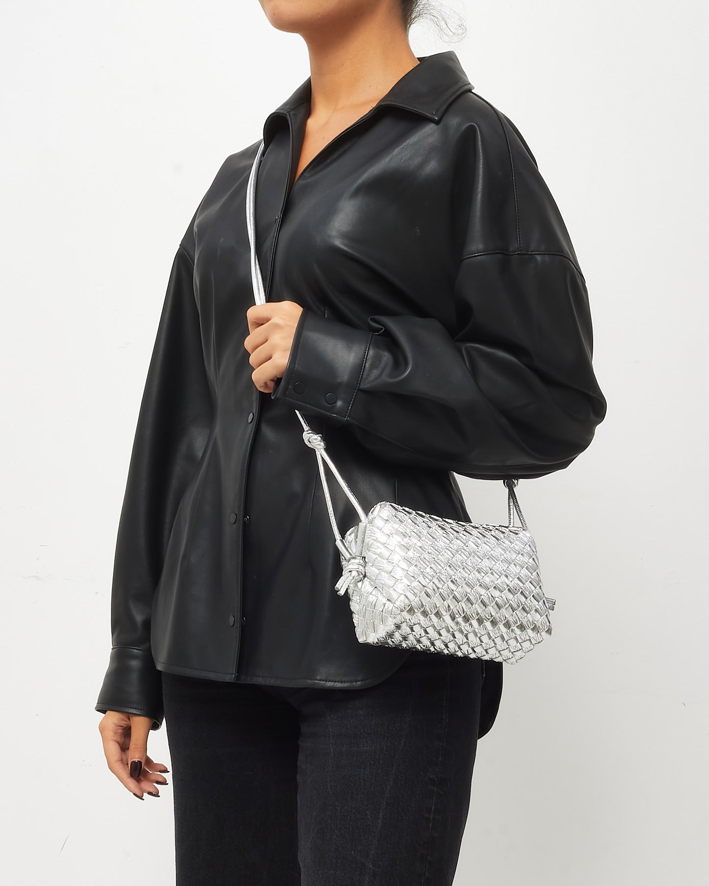 Bottega Veneta Metallic Silver Intrecciato Leather Mini Loop Camera Bag