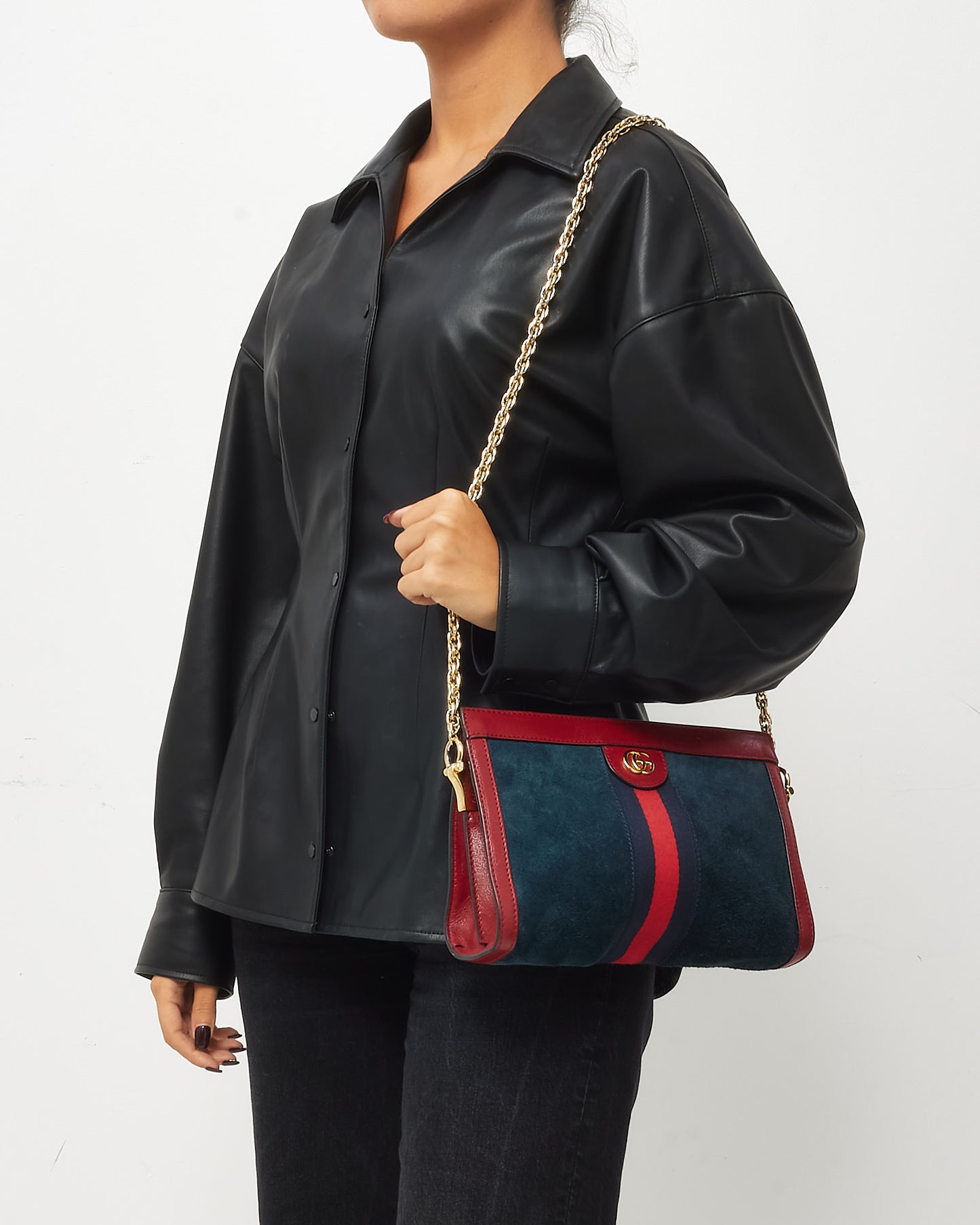 Gucci Navy Suede Red Glazed Calfskin Leather Trim Ophidia Chain Shoulder Bag