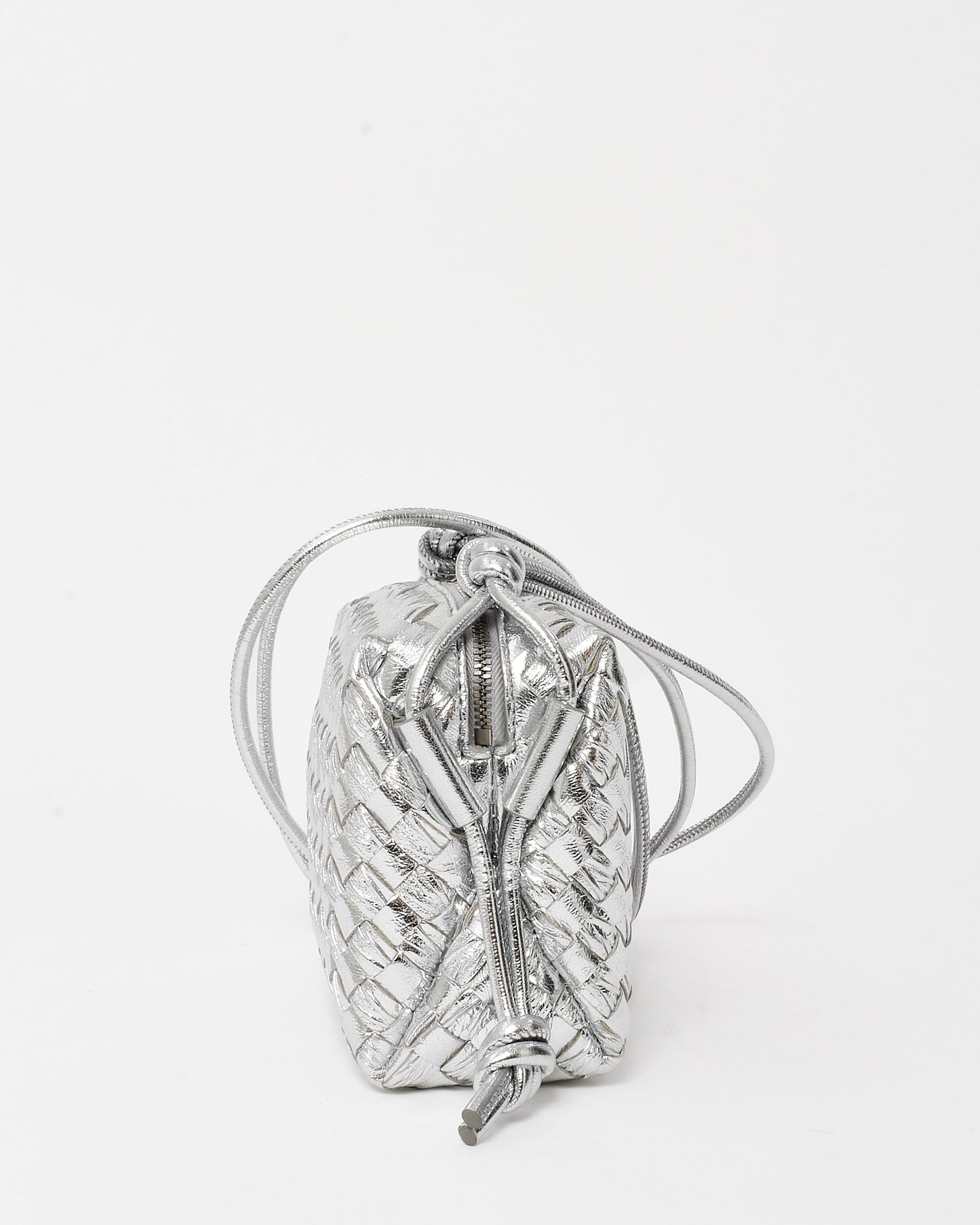 Bottega Veneta Metallic Silver Intrecciato Leather Mini Loop Camera Bag