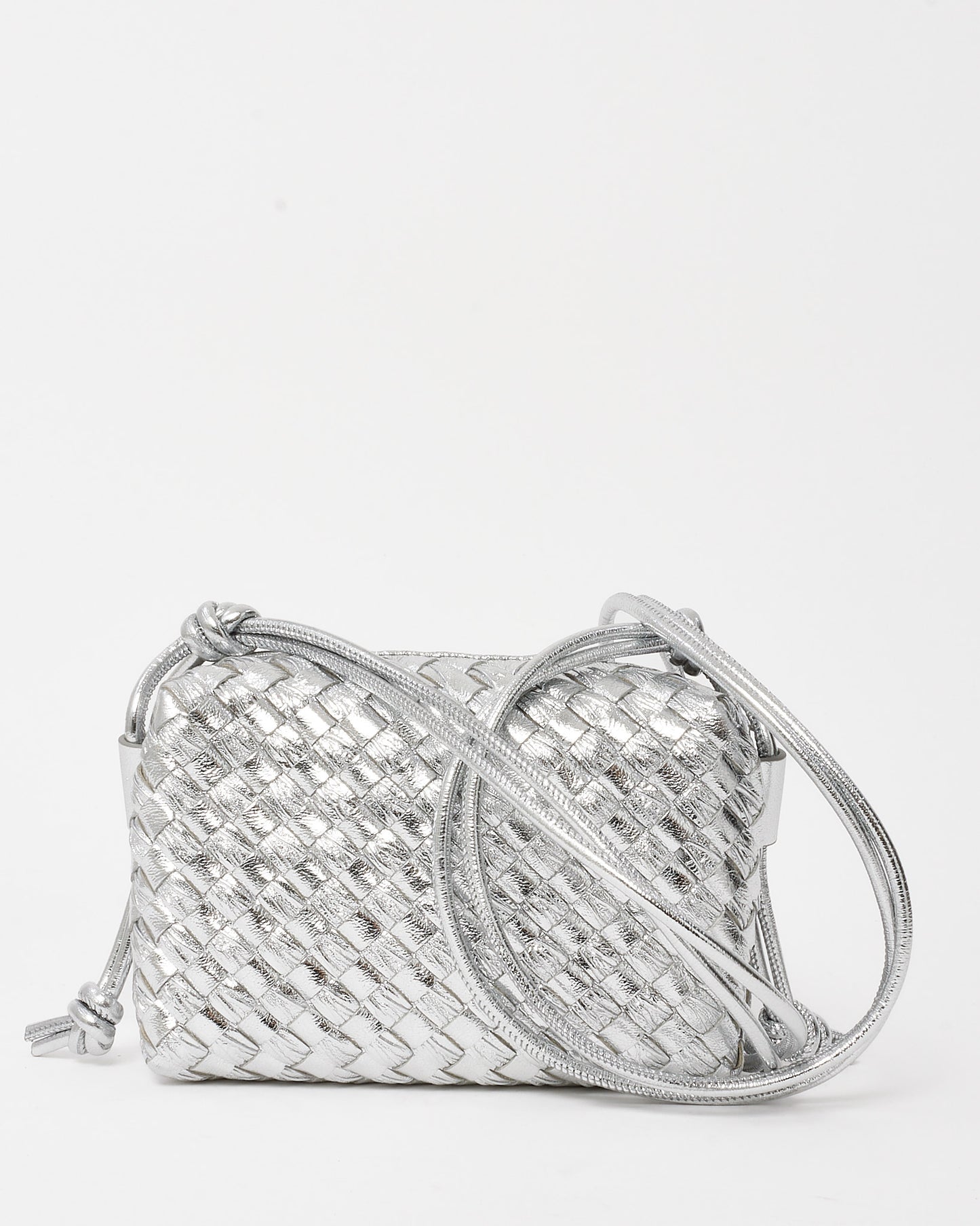 Bottega Veneta Metallic Silver Intrecciato Leather Mini Loop Camera Bag