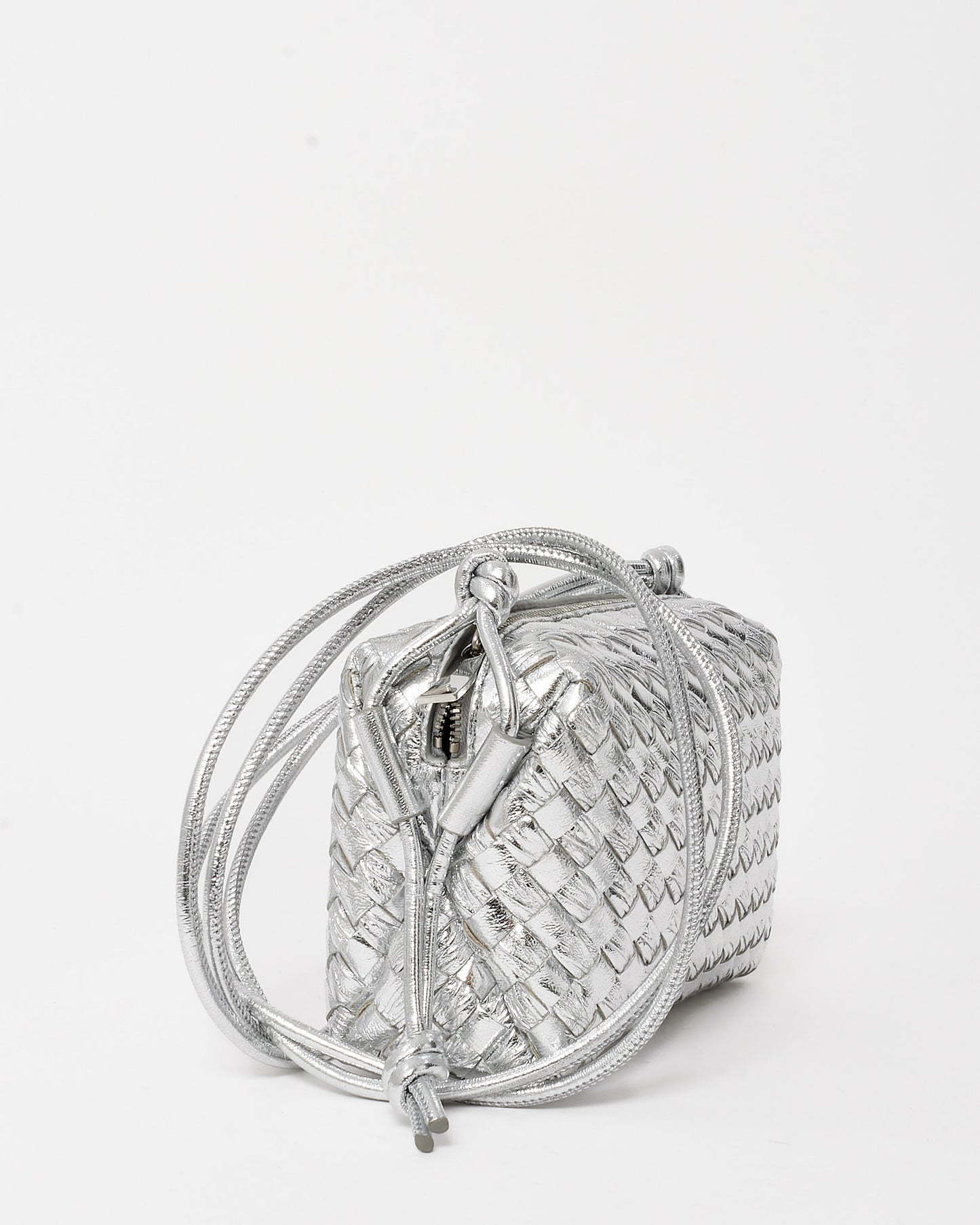 Bottega Veneta Metallic Silver Intrecciato Leather Mini Loop Camera Bag
