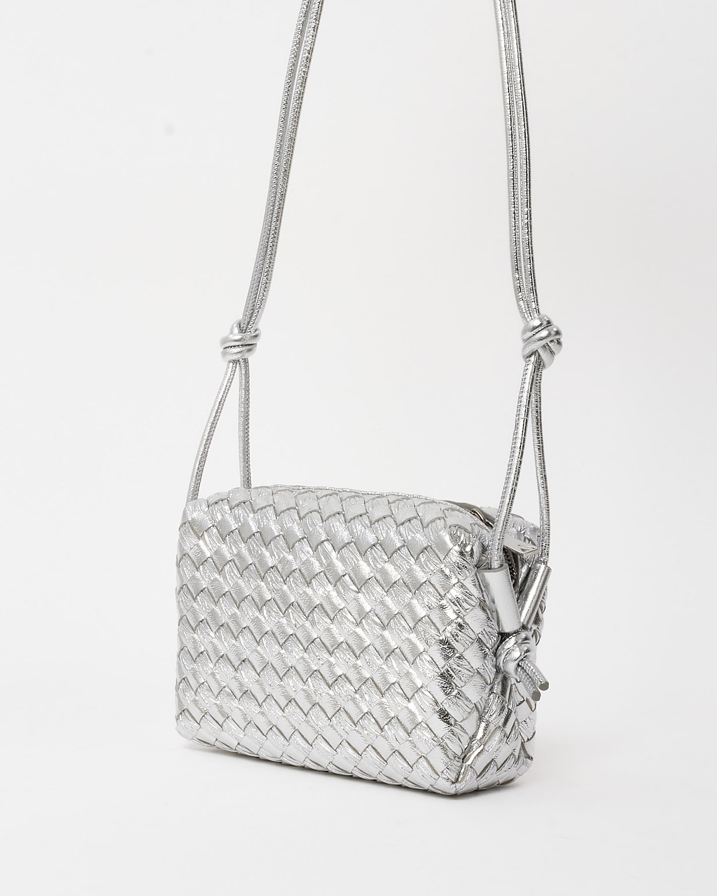 Bottega Veneta Metallic Silver Intrecciato Leather Mini Loop Camera Bag