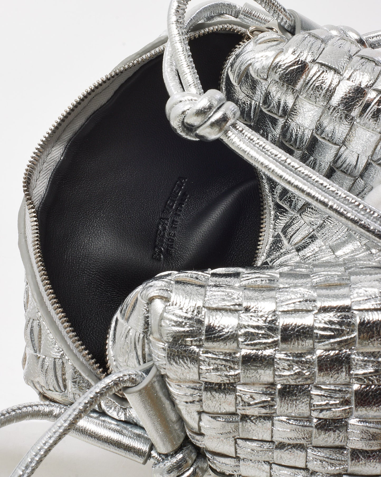 Bottega Veneta Metallic Silver Intrecciato Leather Mini Loop Camera Bag