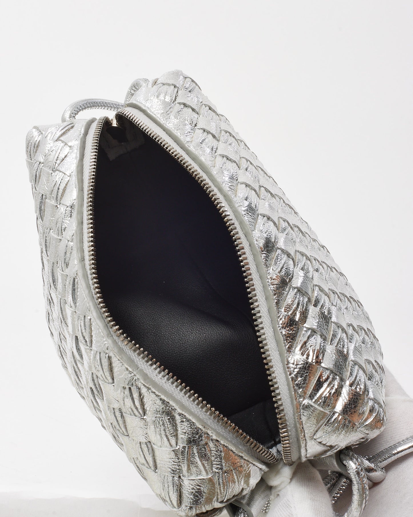Bottega Veneta Metallic Silver Intrecciato Leather Mini Loop Camera Bag
