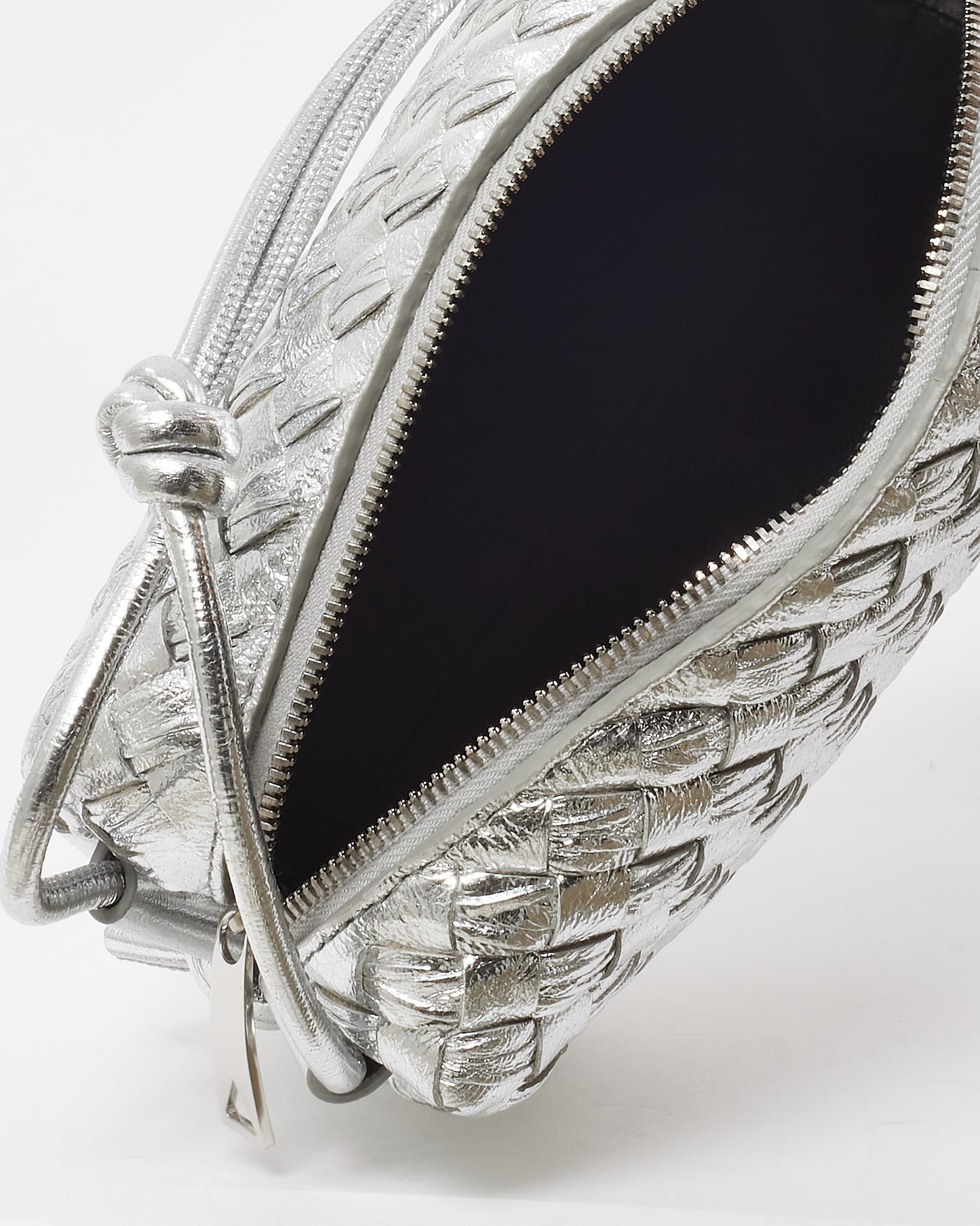 Bottega Veneta Metallic Silver Intrecciato Leather Mini Loop Camera Bag
