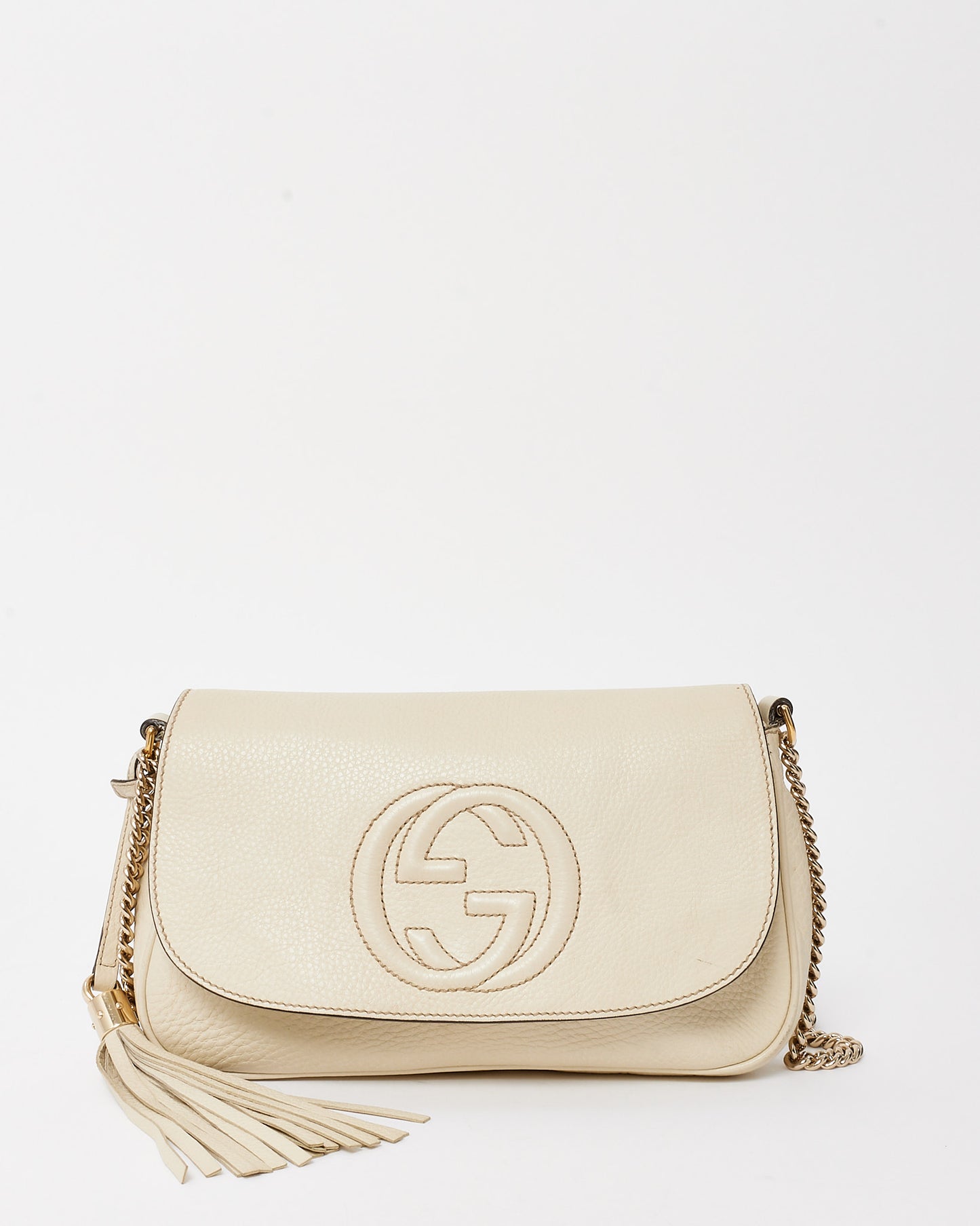 Gucci White Pebbled Calfskin Leather Medium Soho Flap Crossbody