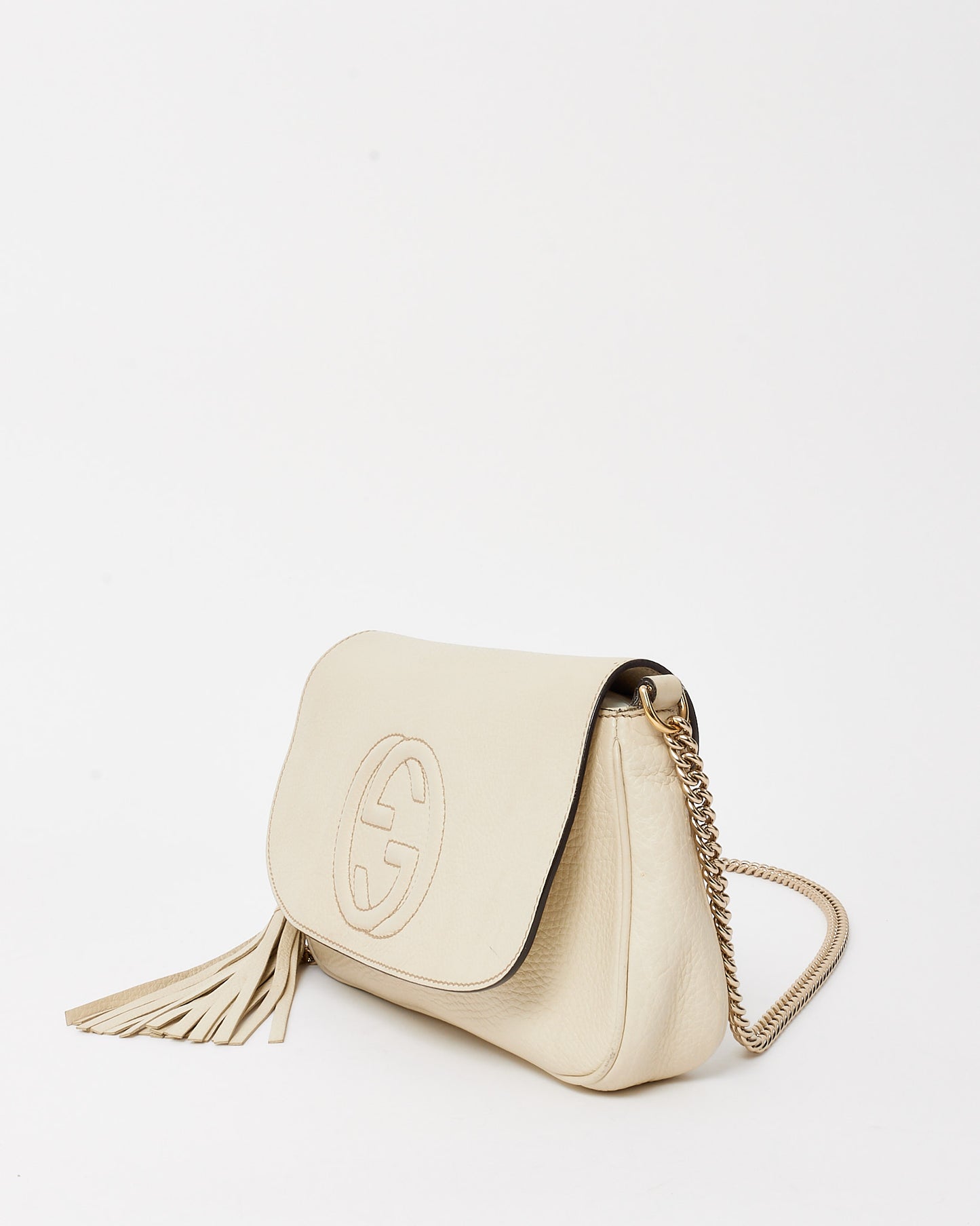 Gucci White Pebbled Calfskin Leather Medium Soho Flap Crossbody