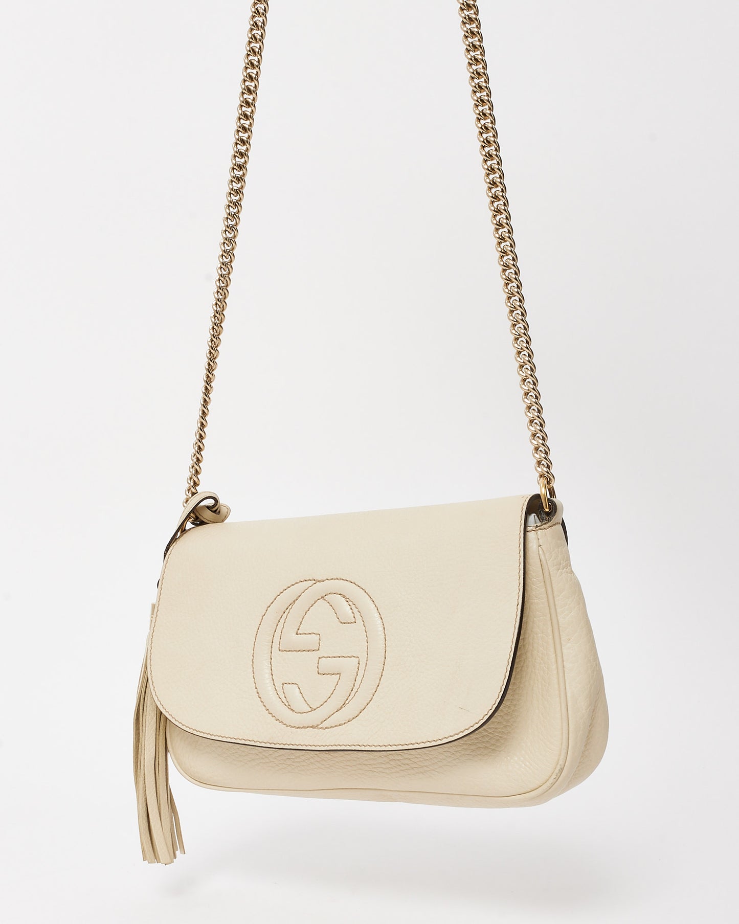 Gucci White Pebbled Calfskin Leather Medium Soho Flap Crossbody