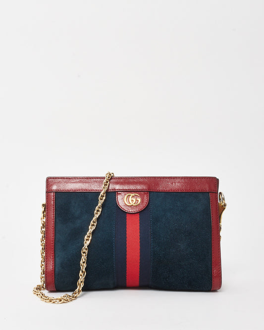 Gucci Navy Suede Red Glazed Calfskin Leather Trim Ophidia Chain Shoulder Bag