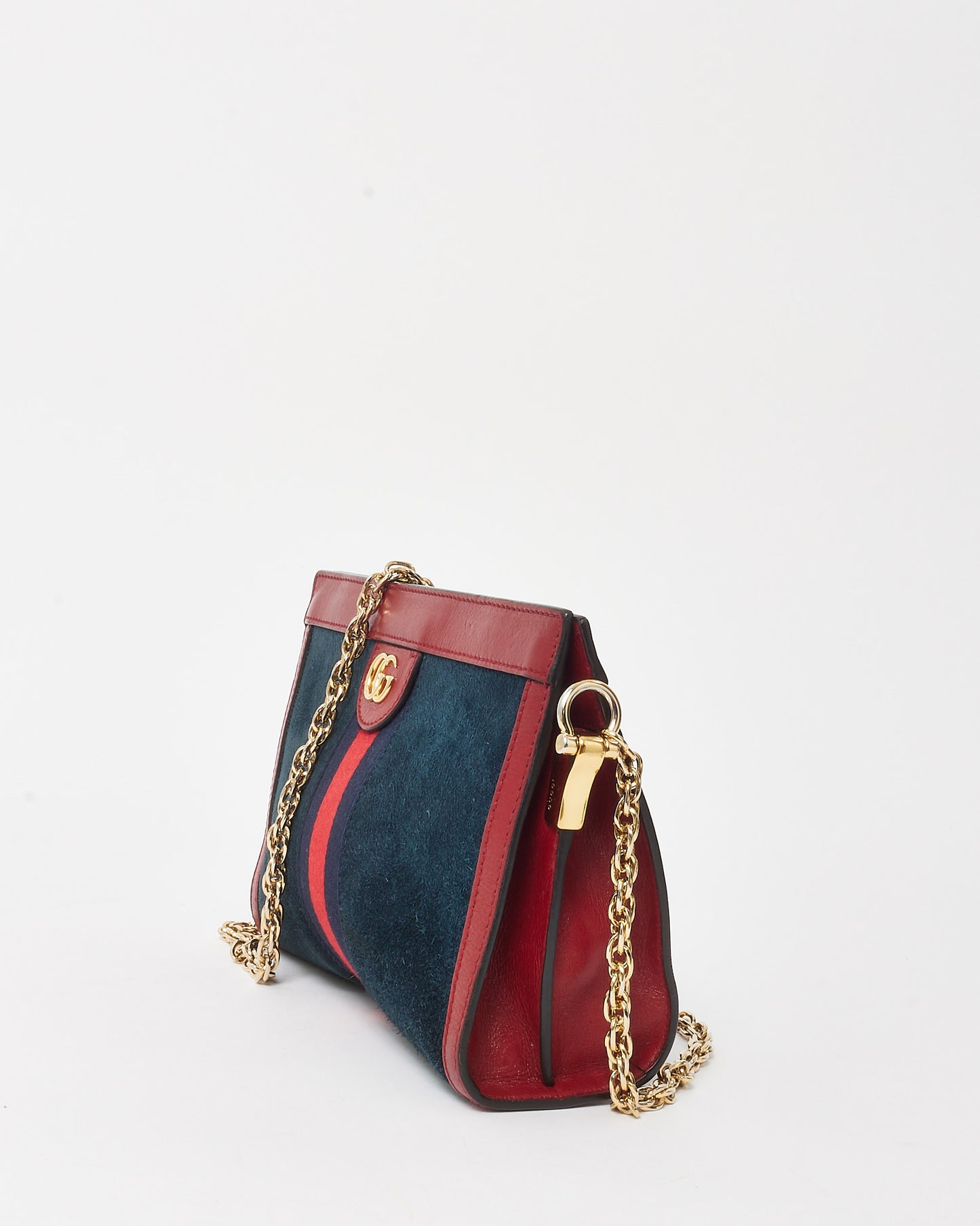 Gucci Navy Suede Red Glazed Calfskin Leather Trim Ophidia Chain Shoulder Bag