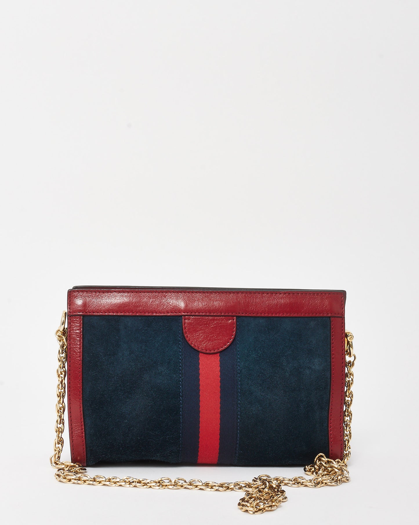 Gucci Navy Suede Red Glazed Calfskin Leather Trim Ophidia Chain Shoulder Bag