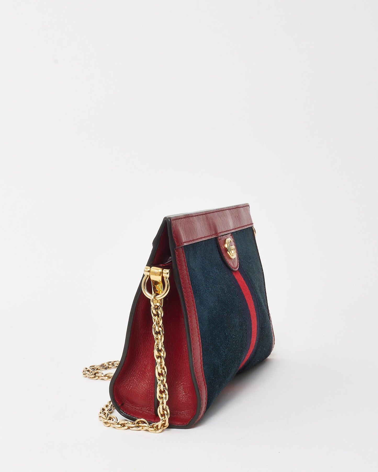 Gucci Navy Suede Red Glazed Calfskin Leather Trim Ophidia Chain Shoulder Bag