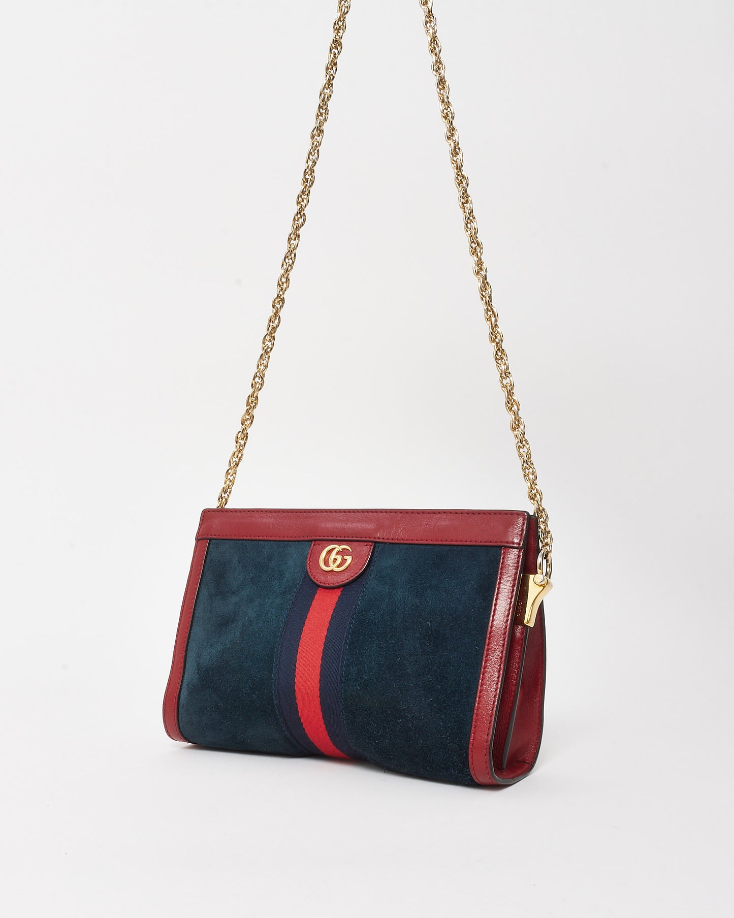 Gucci Navy Suede Red Glazed Calfskin Leather Trim Ophidia Chain Shoulder Bag