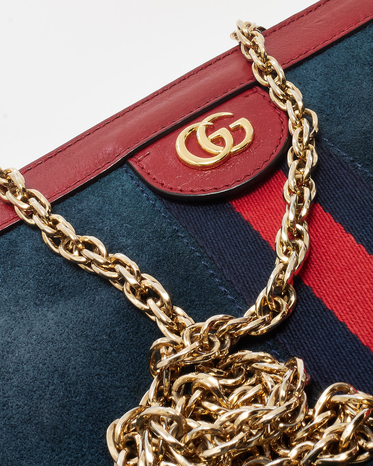 Gucci Navy Suede Red Glazed Calfskin Leather Trim Ophidia Chain Shoulder Bag