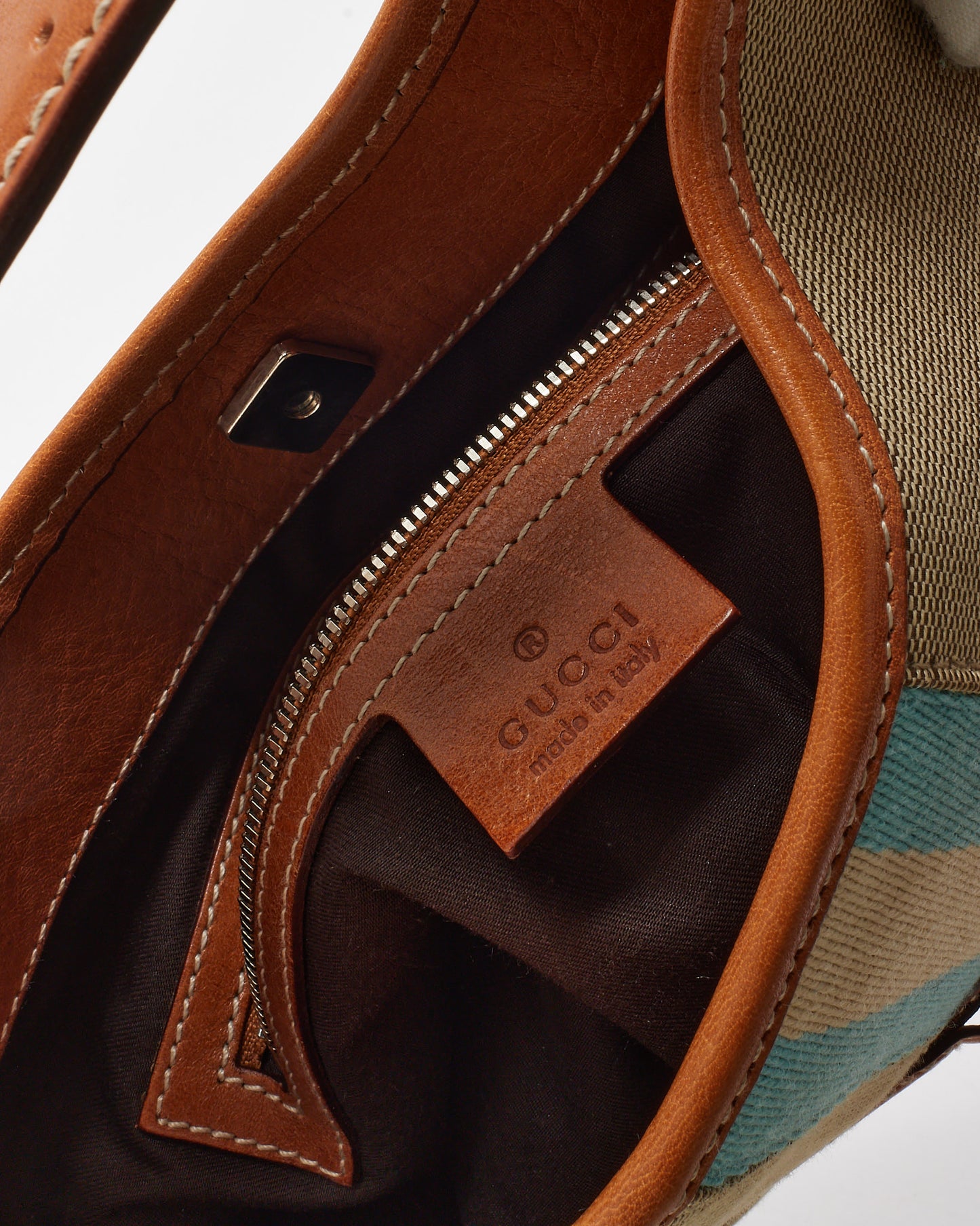 Gucci Beige Canvas Tan Leather Blue Web GG Reins Hobo Shoulder Bag