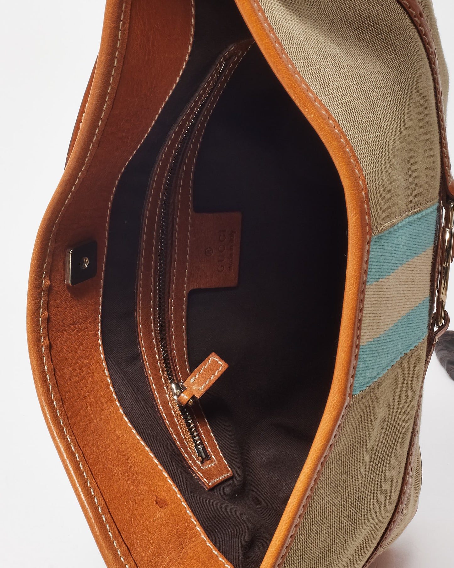 Gucci Beige Canvas Tan Leather Blue Web GG Reins Hobo Shoulder Bag