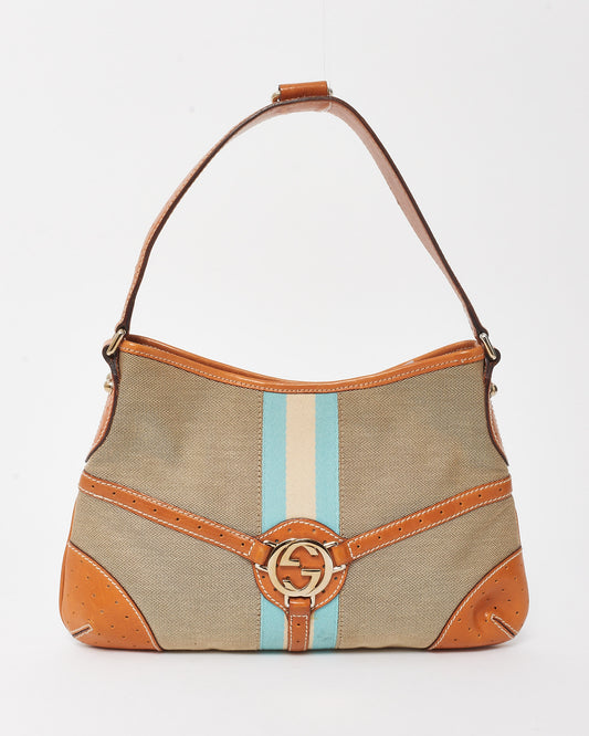 Gucci Beige Canvas Tan Leather Blue Web GG Reins Hobo Shoulder Bag