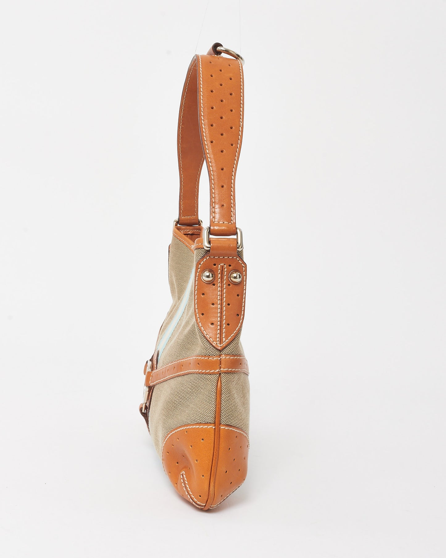 Gucci Beige Canvas Tan Leather Blue Web GG Reins Hobo Shoulder Bag