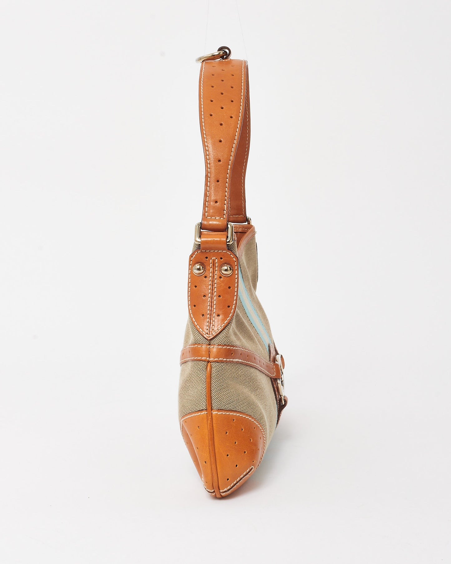 Gucci Beige Canvas Tan Leather Blue Web GG Reins Hobo Shoulder Bag