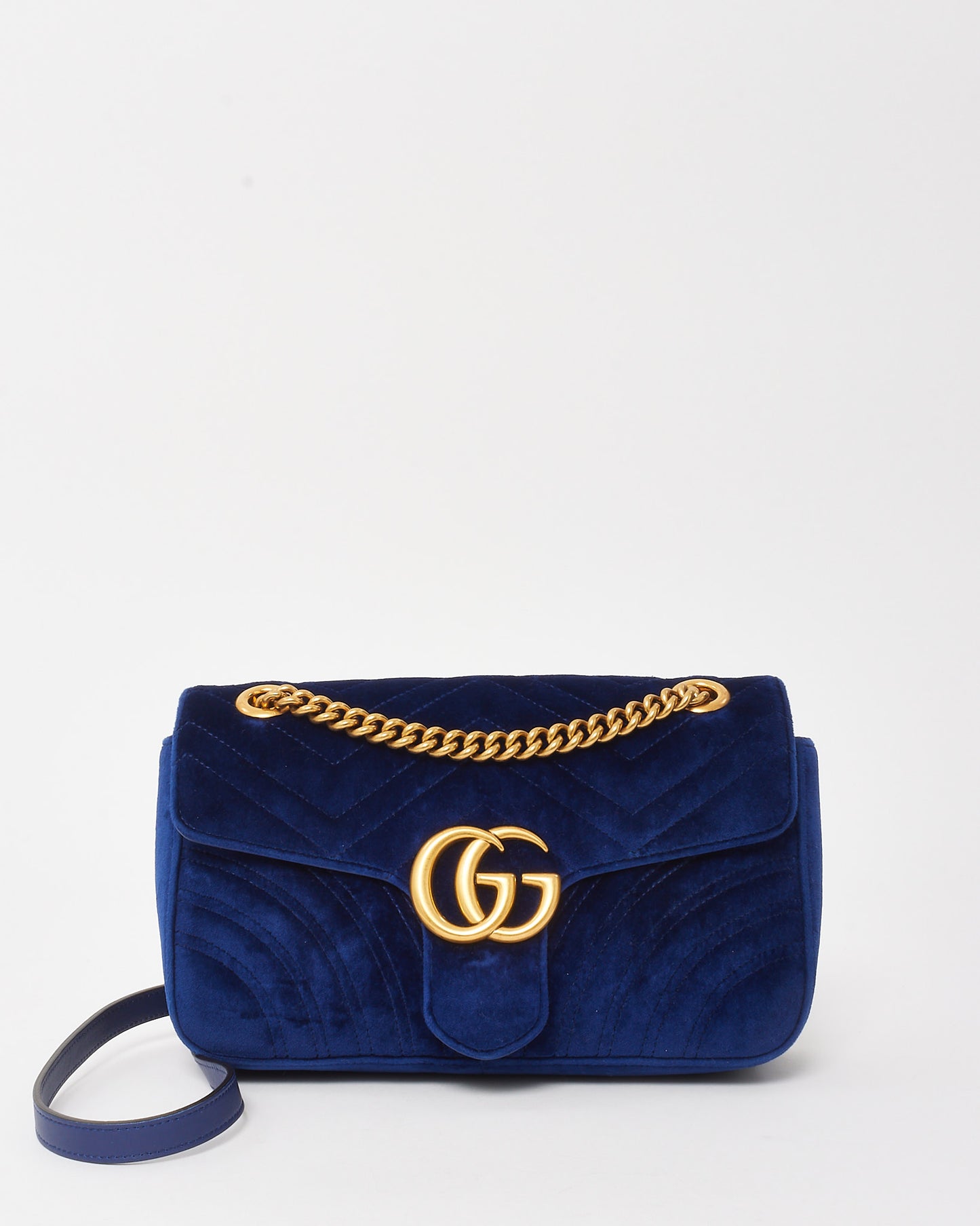 Gucci Blue Matelassé Velvet Small GG Marmont Shoulder Bag