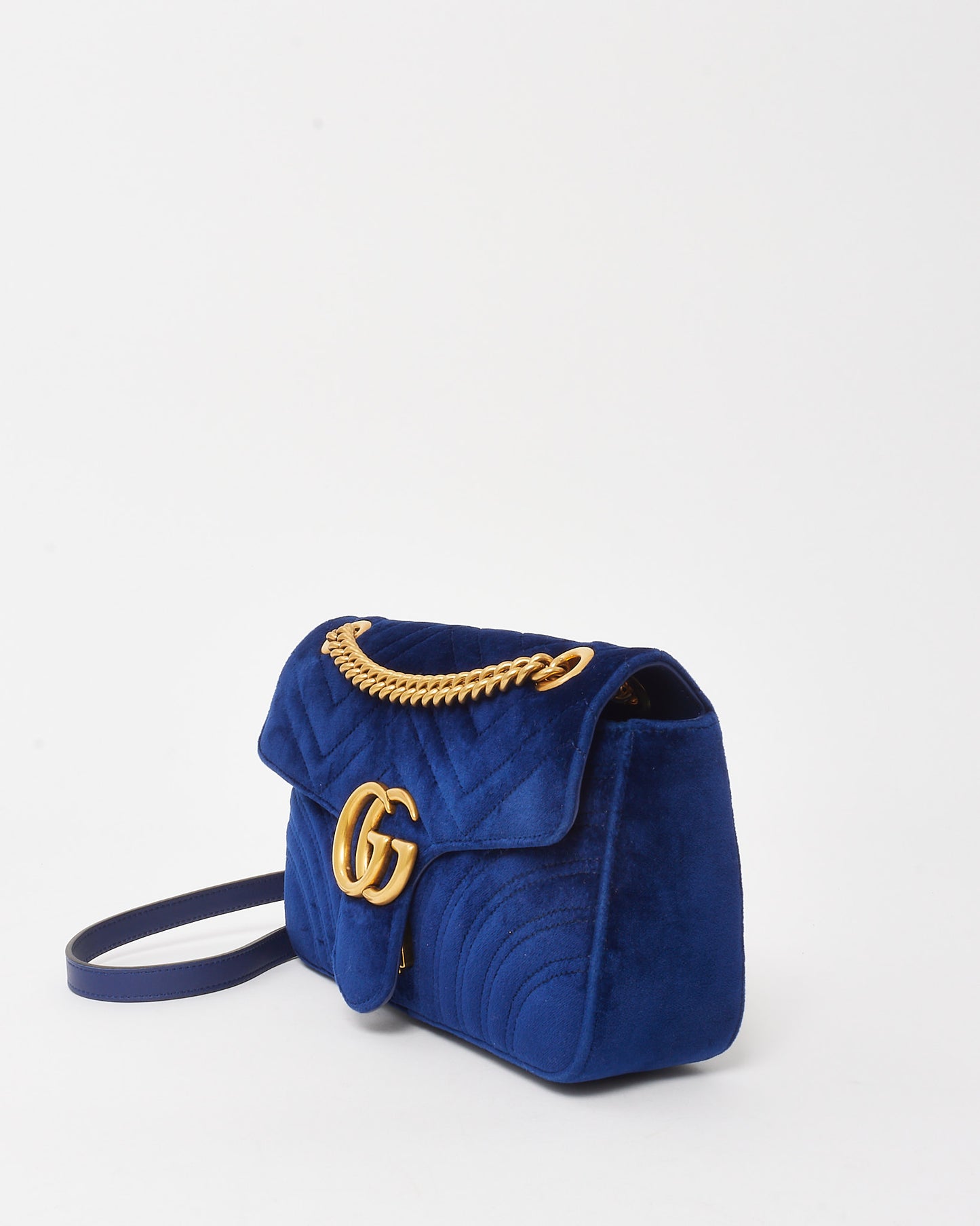 Gucci Blue Matelassé Velvet Small GG Marmont Shoulder Bag