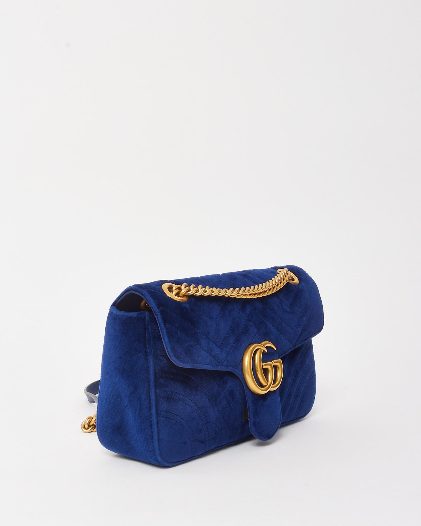 Gucci Blue Matelassé Velvet Small GG Marmont Shoulder Bag