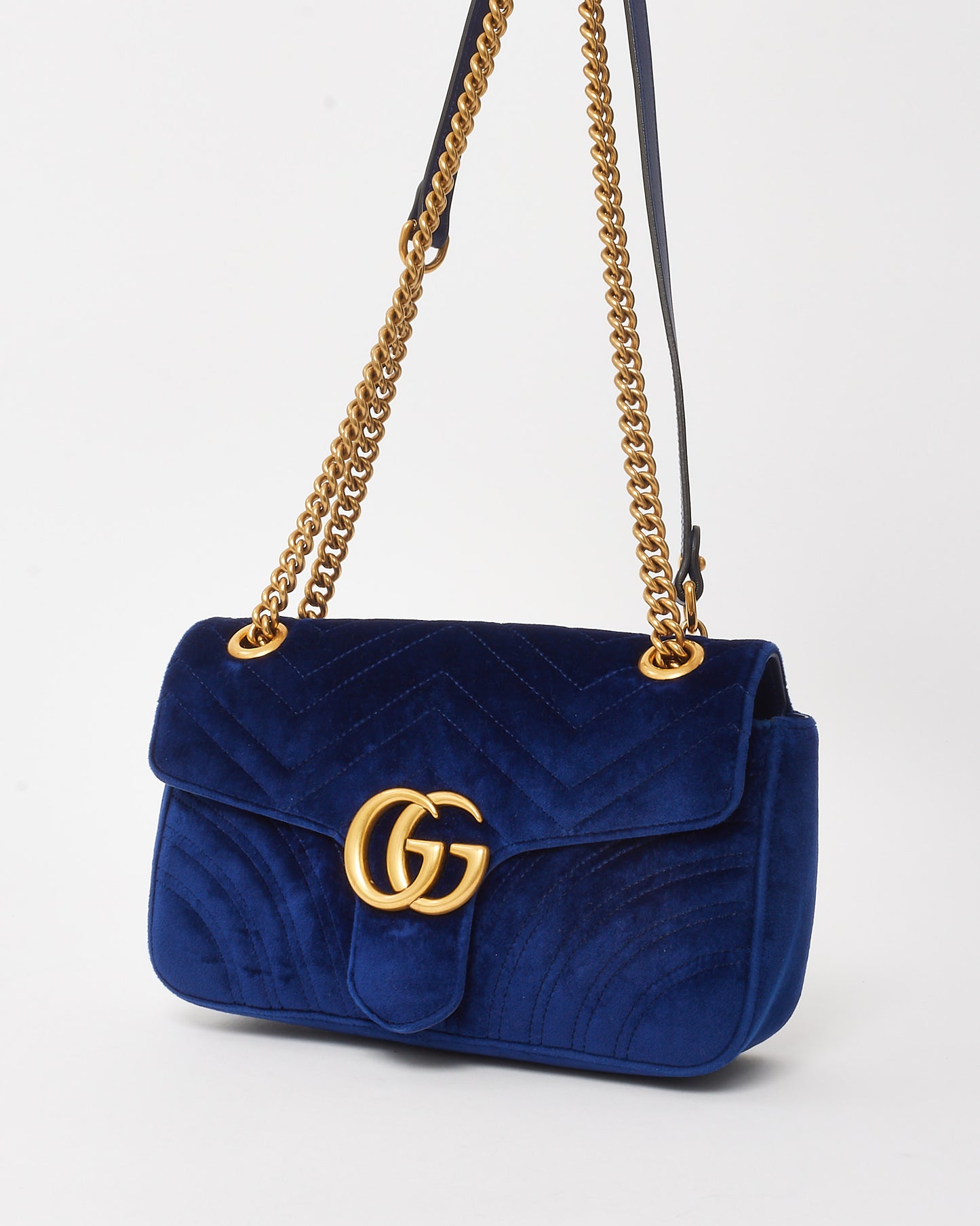 Gucci Blue Matelassé Velvet Small GG Marmont Shoulder Bag