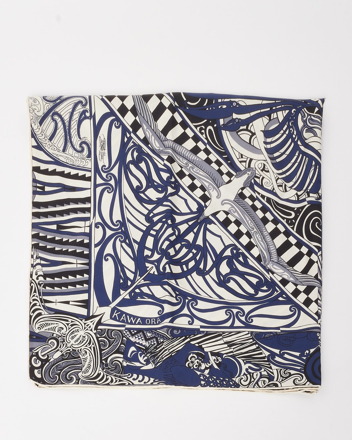 Hermès Blue/White/Navy/Multi Kawa Ora Carre 90 Silk Scarf