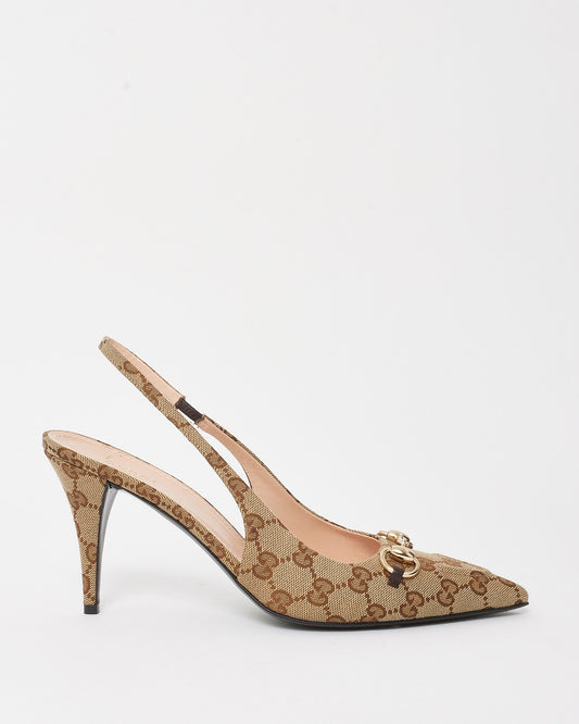 Gucci Beige and Ebony Original GG Canvas Horsebit Slingback Pumps - 41
