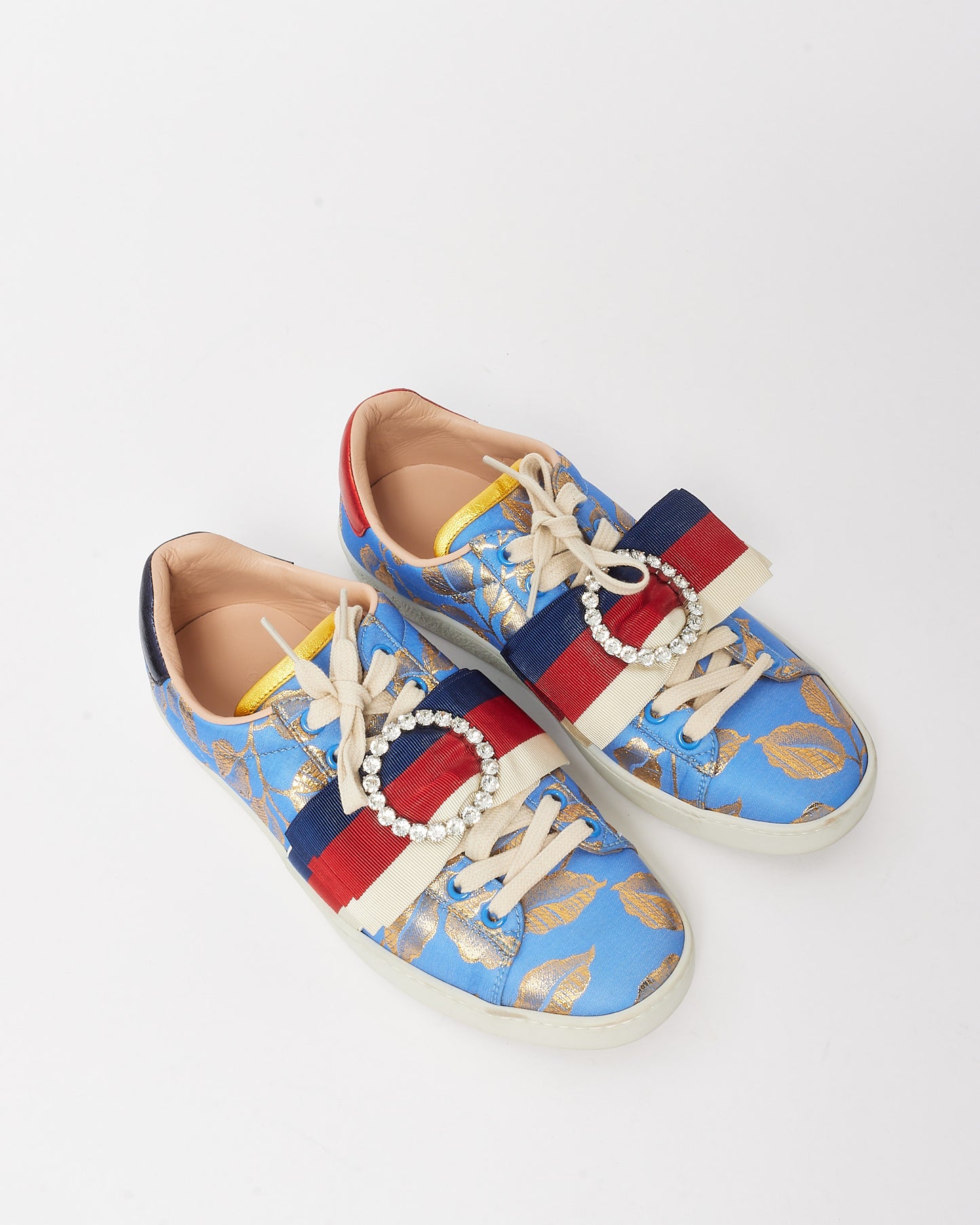Gucci Blue Leather Gold Leaves Crystal Embellished Bow Sneakers - 37.5